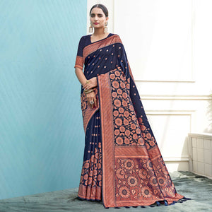 Navy Blue Floral Woven Art Silk Saree