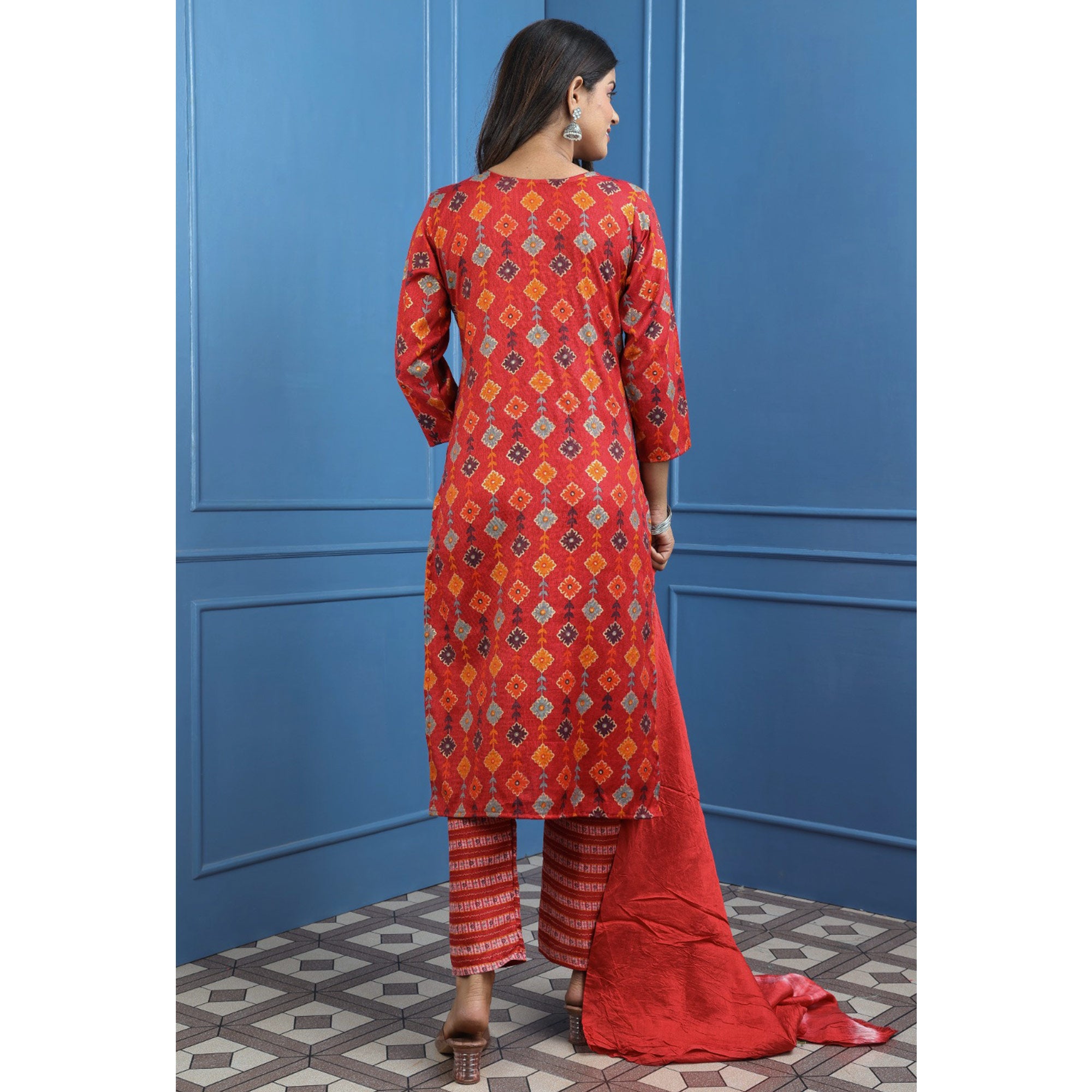 Red Floral Foil Printed Rayon Suit