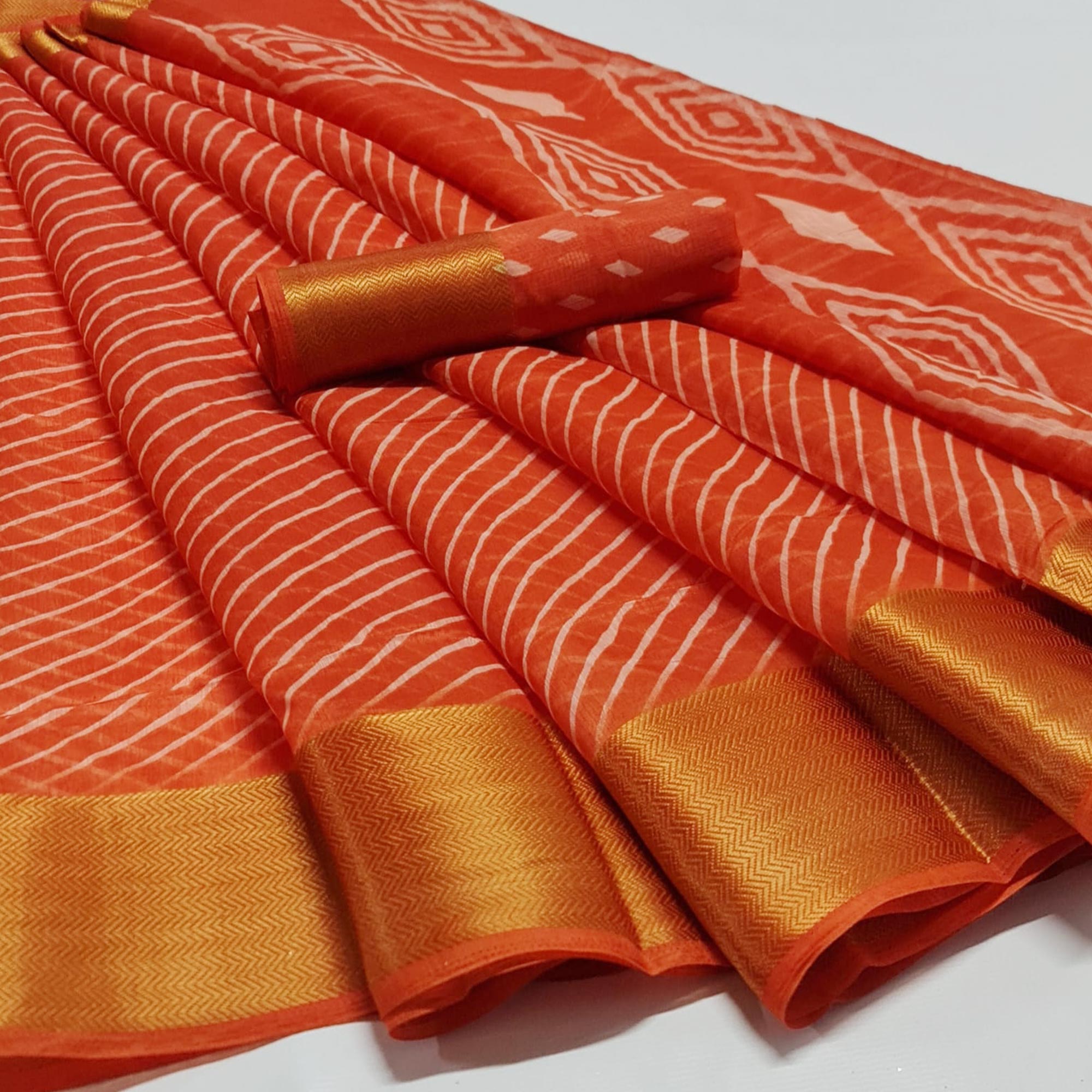 Orange Striped Printed Linen Saree