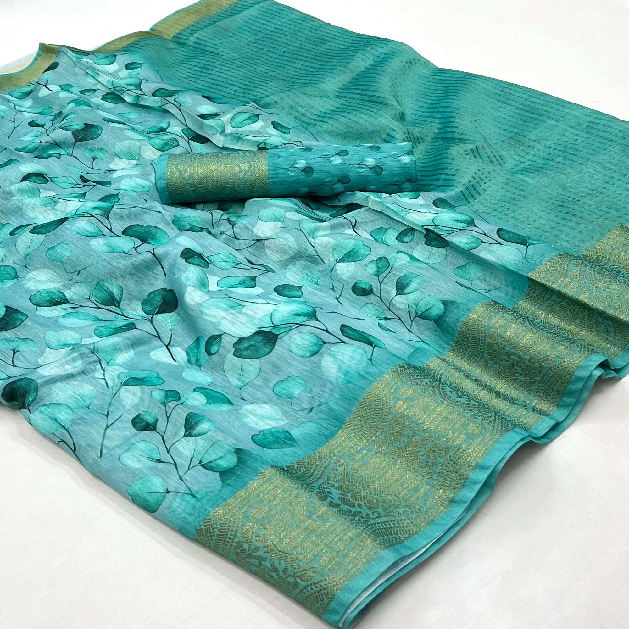 Blue Floral Digital Printed Pure Cotton Saree