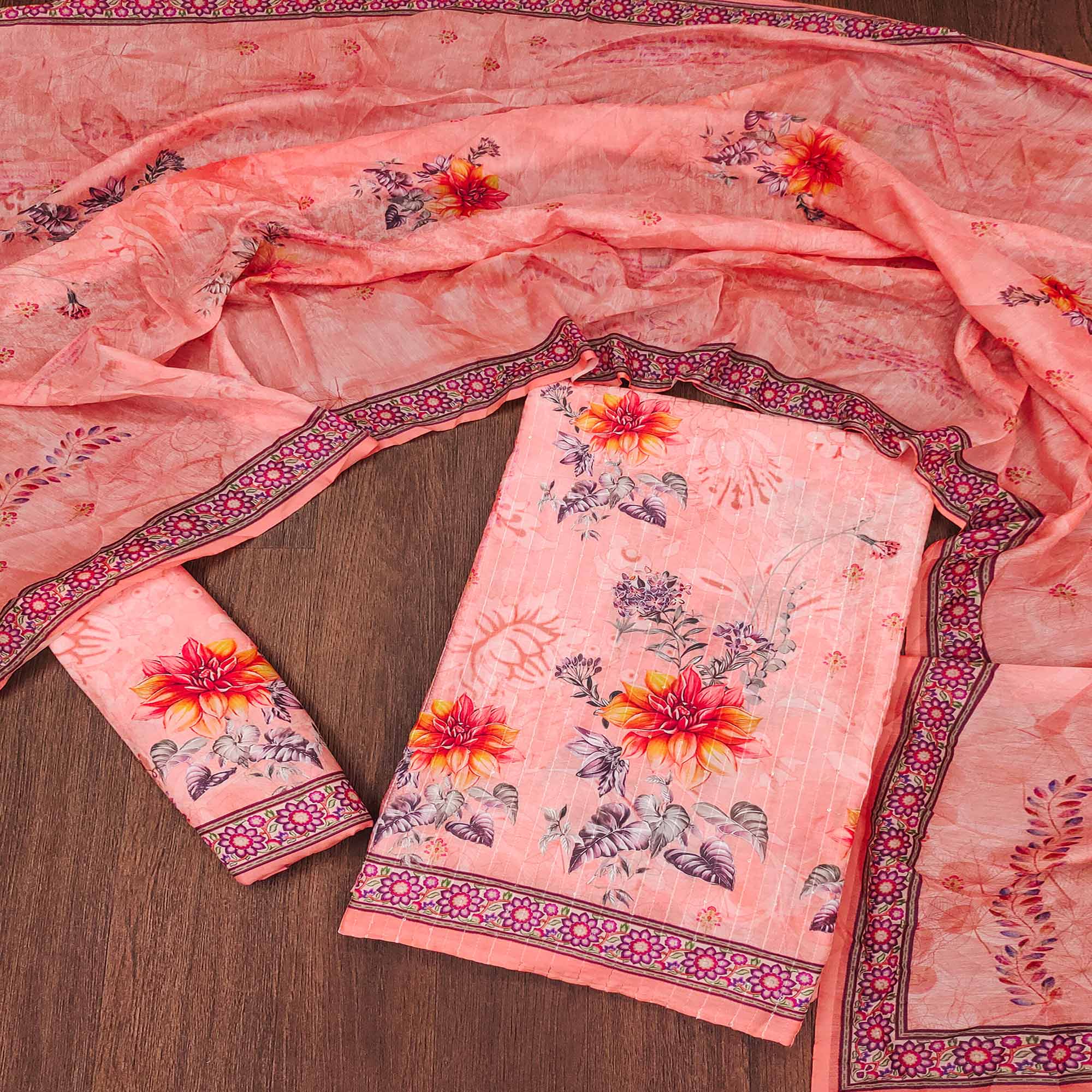 Peach Floral Digital Printed Muslin Dress Material