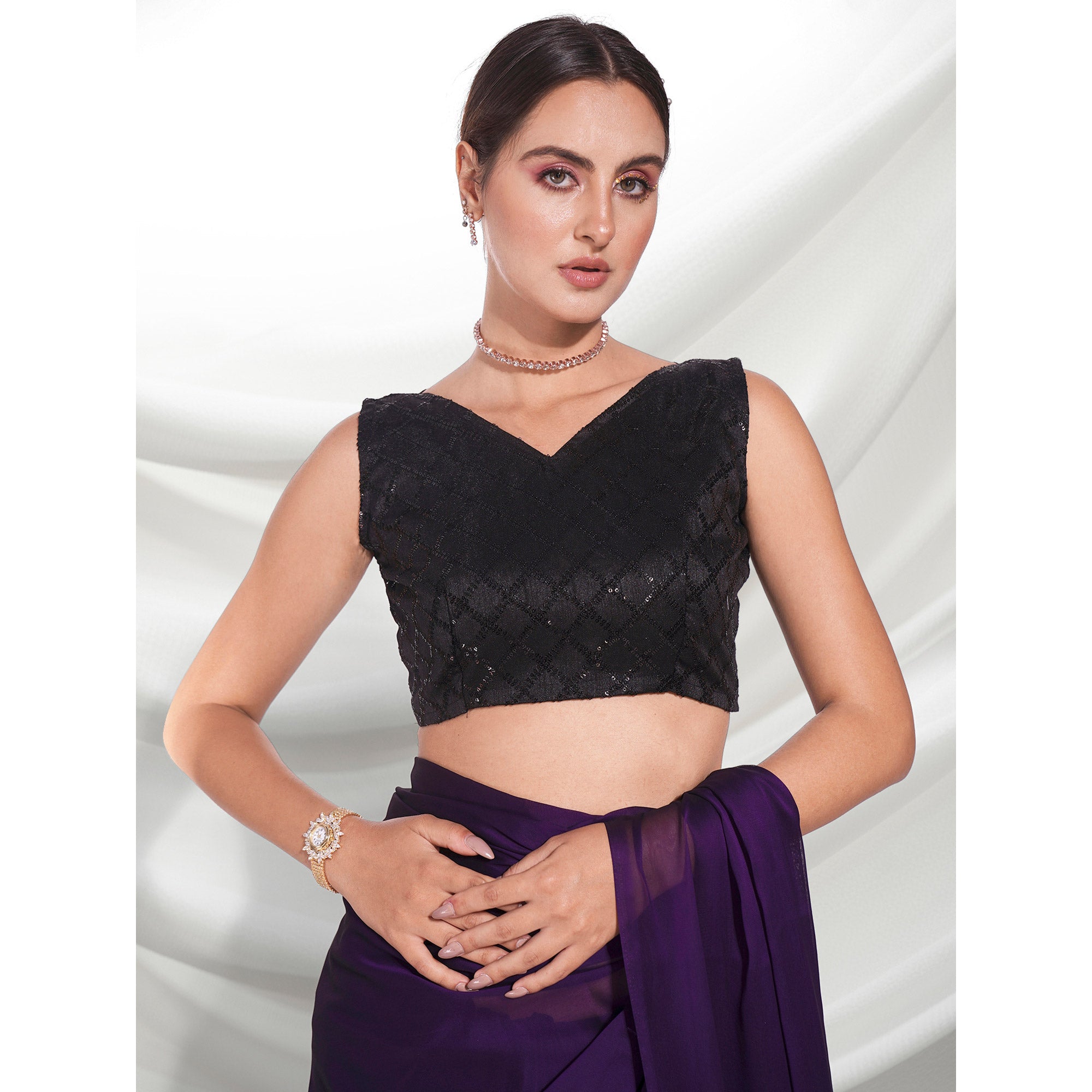 Dark Violet Solid Georgette Saree