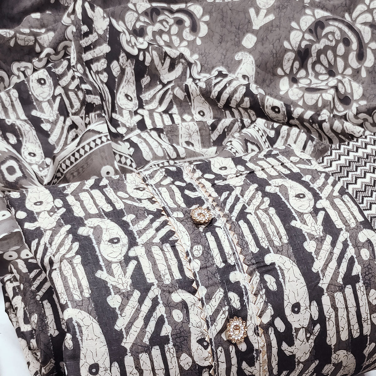 Grey Printed Cotton Blend Dress Material