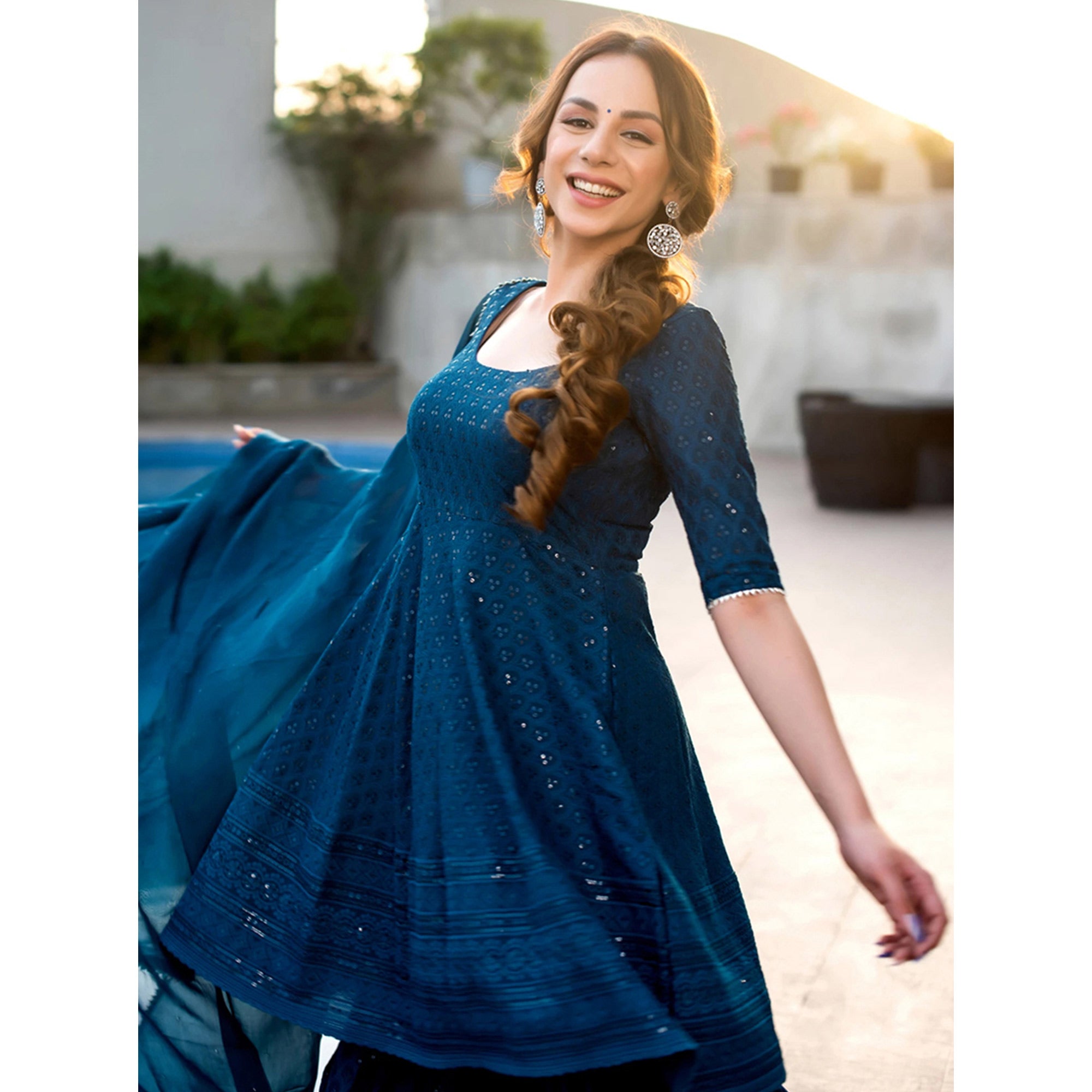 Blue Lucknowi With Sequins Embroidered Rayon Sharara Suit