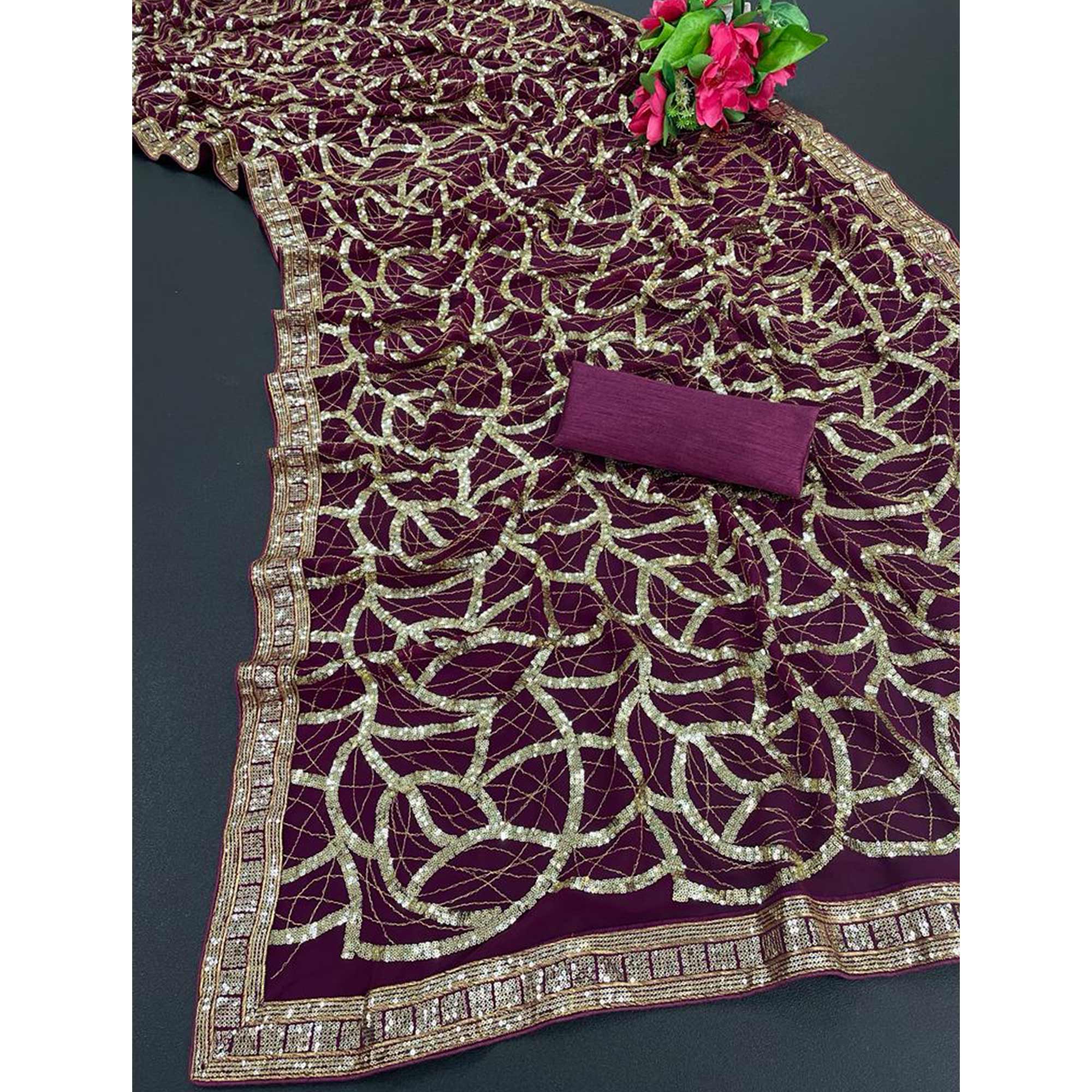 Wine Sequins Work Georgette Saree