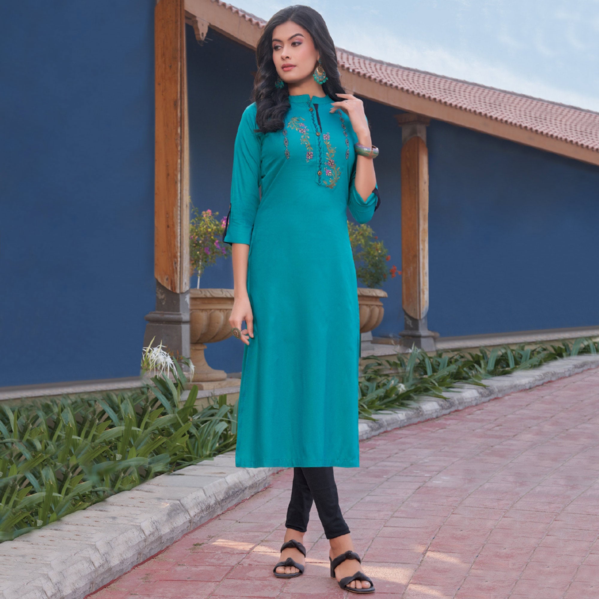 Rama Blue Embroidered Rayon Kurti