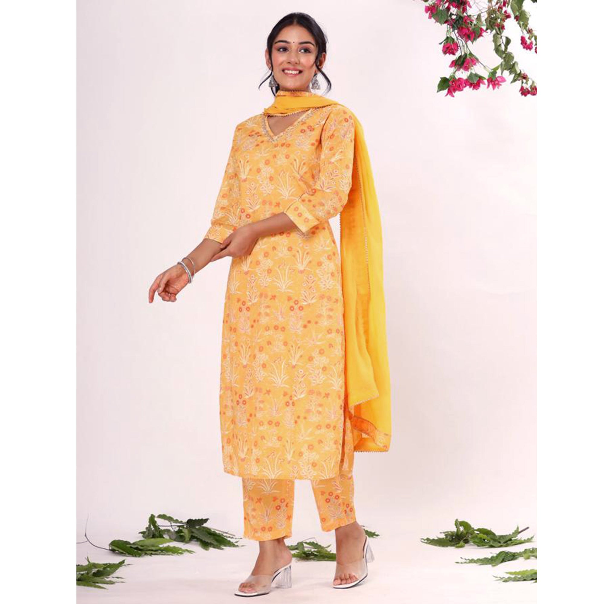 Yellow Floral Printed Pure Cotton Suit