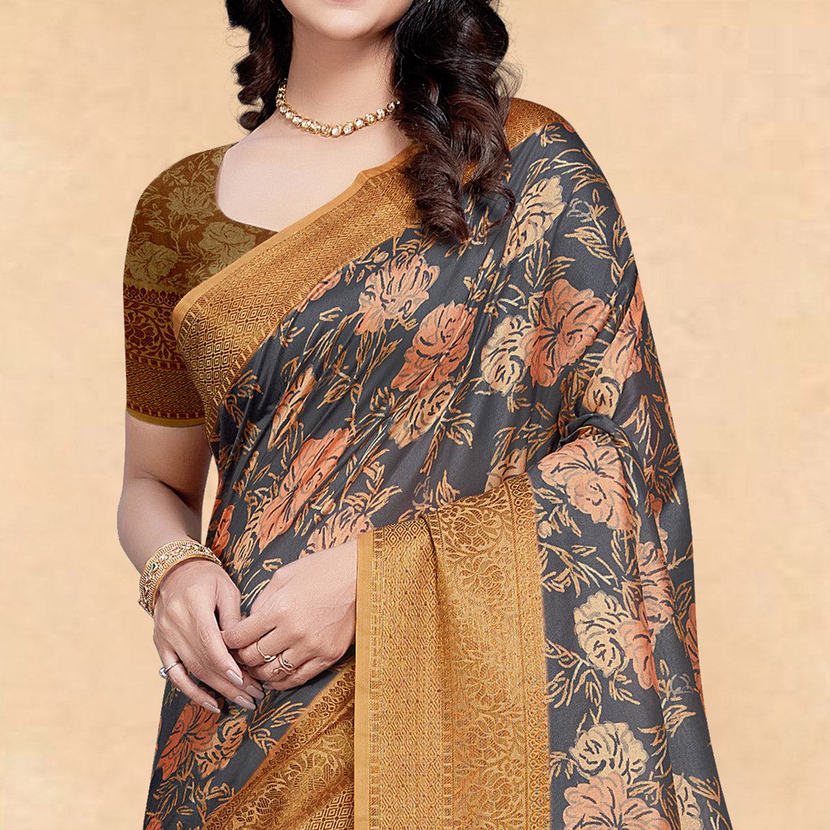Grey Floral Digital Printed Tussar Silk Saree