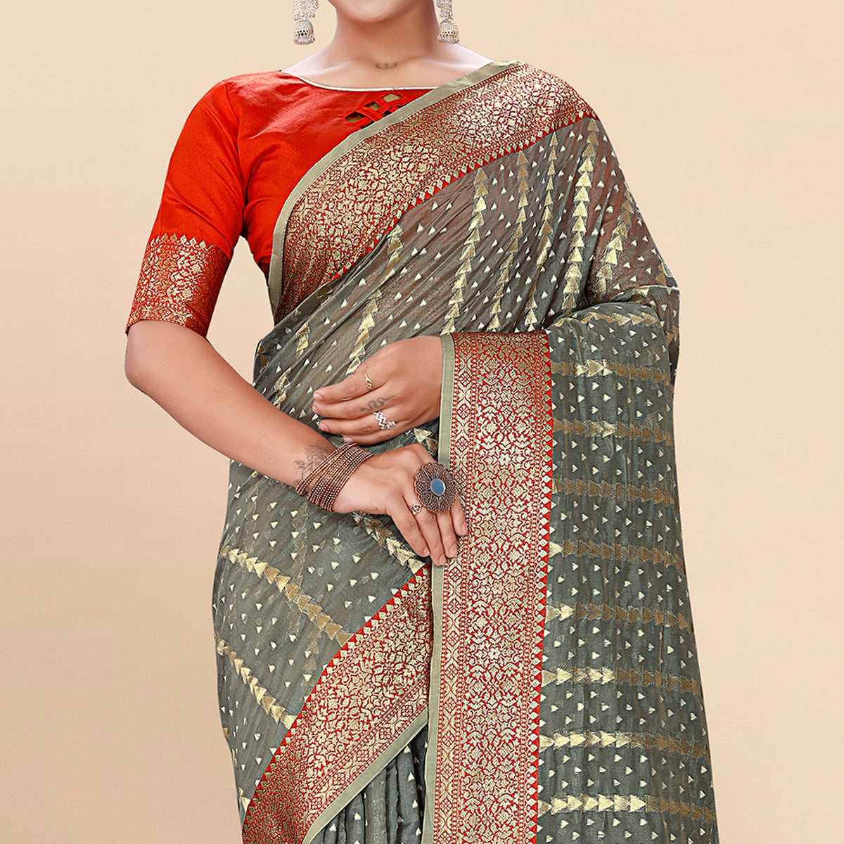 Grey Woven Organza Saree With Tassels