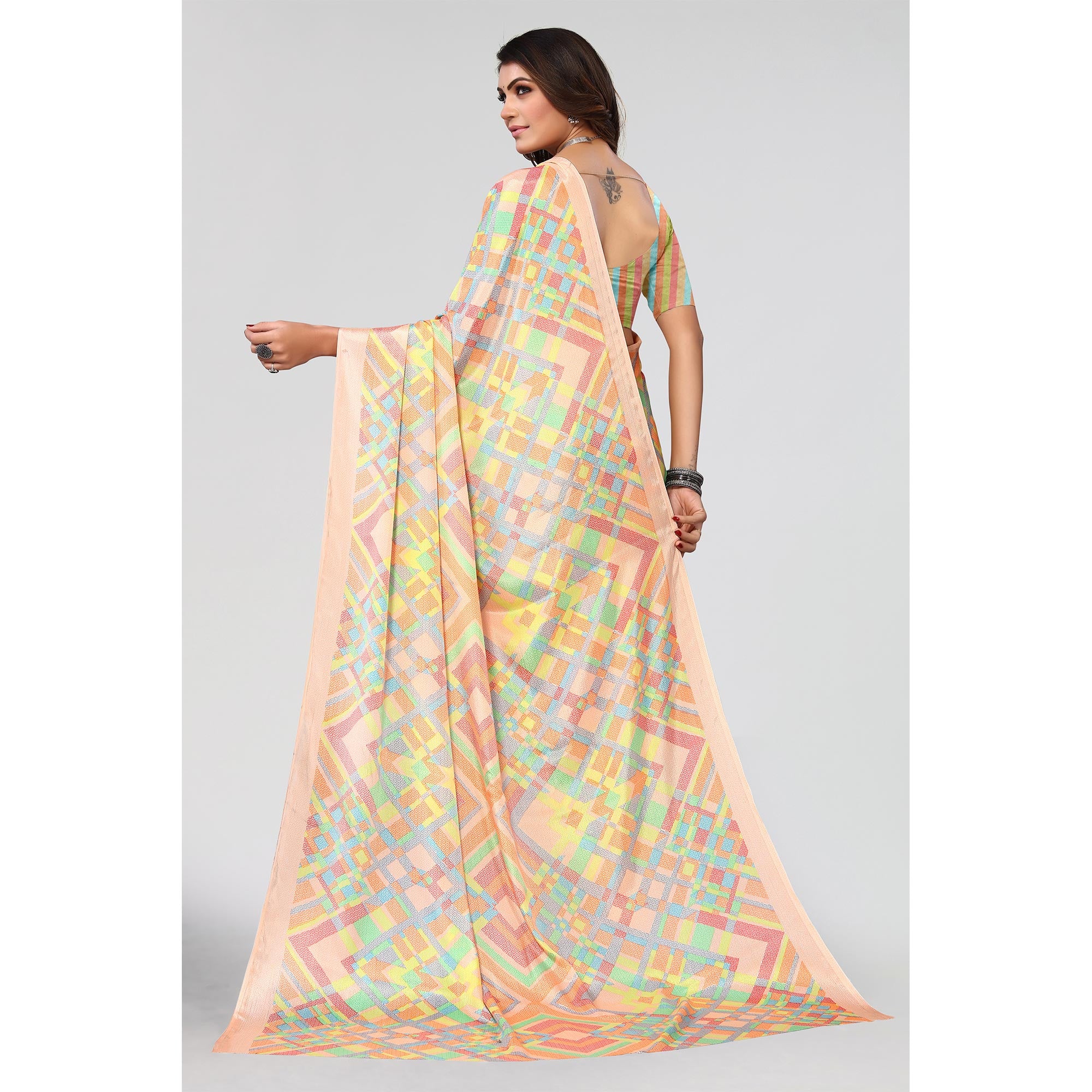 Light Orange Geometric Printed Chiffon Saree