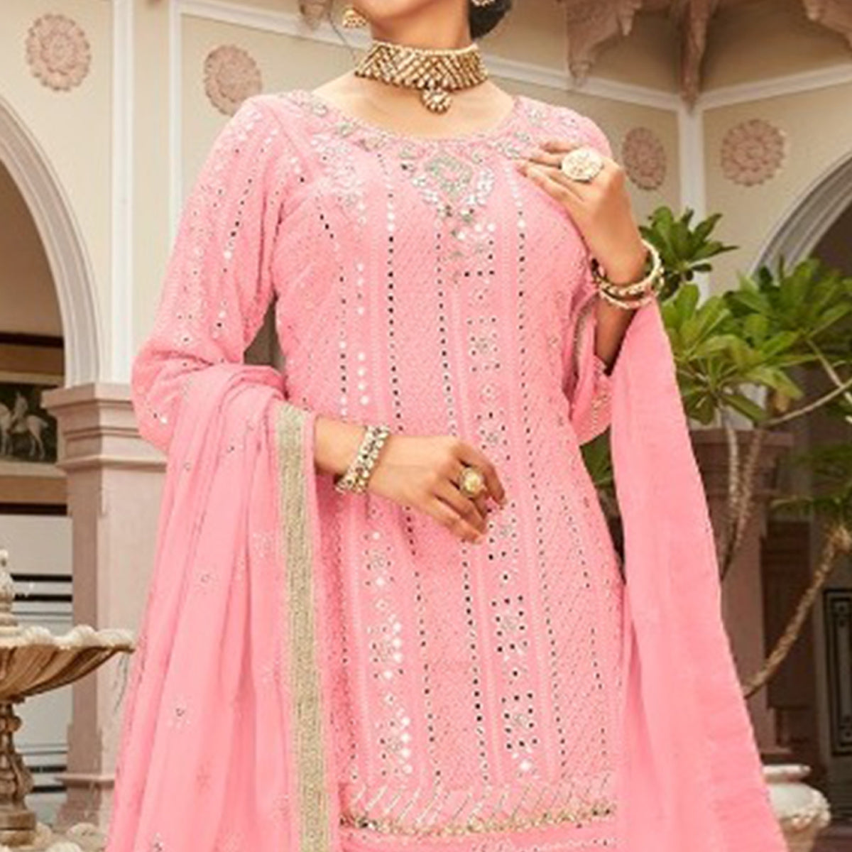 Pink Mirror Work Georgette Sharara Suit