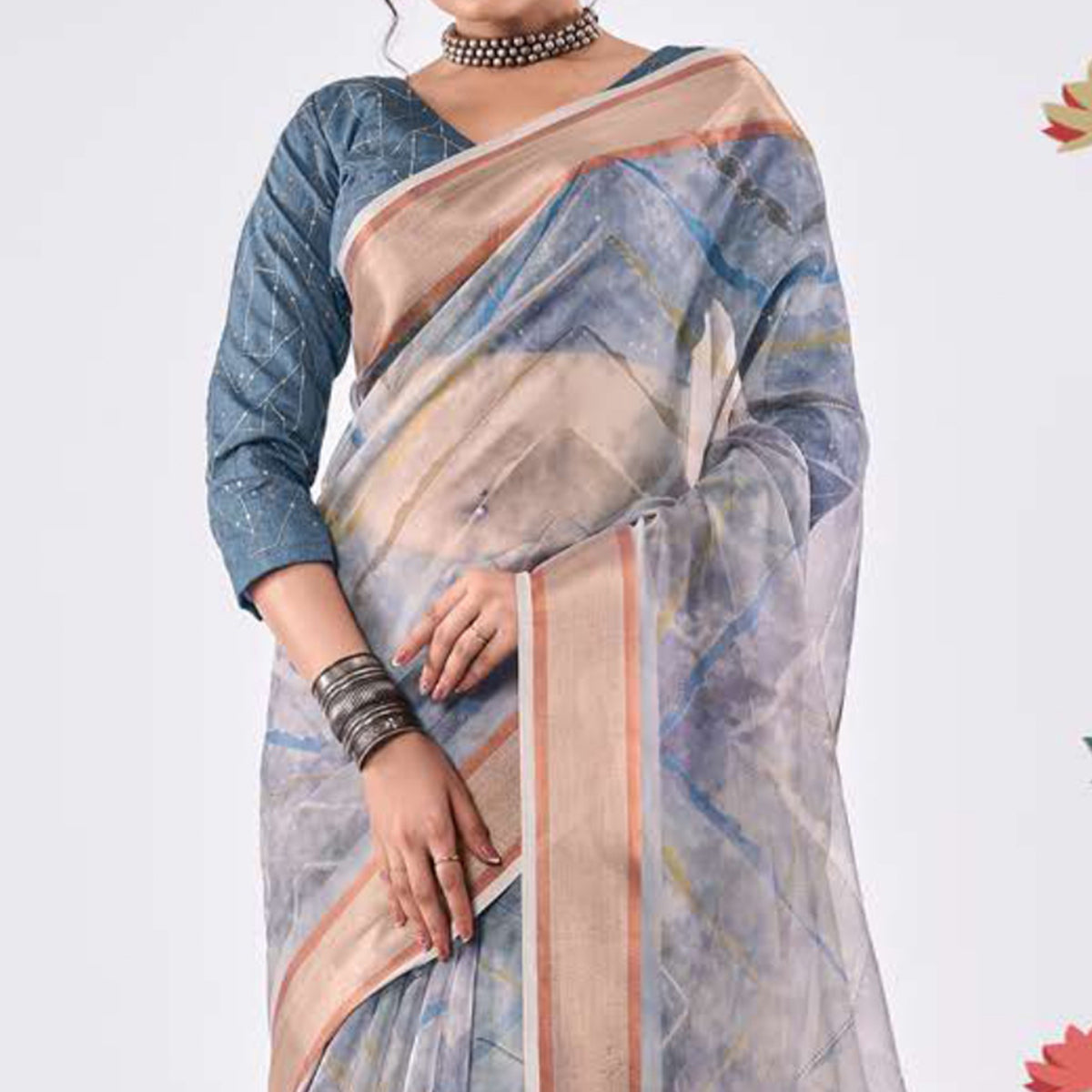 Grey Printed Organza Saree With Woven Border