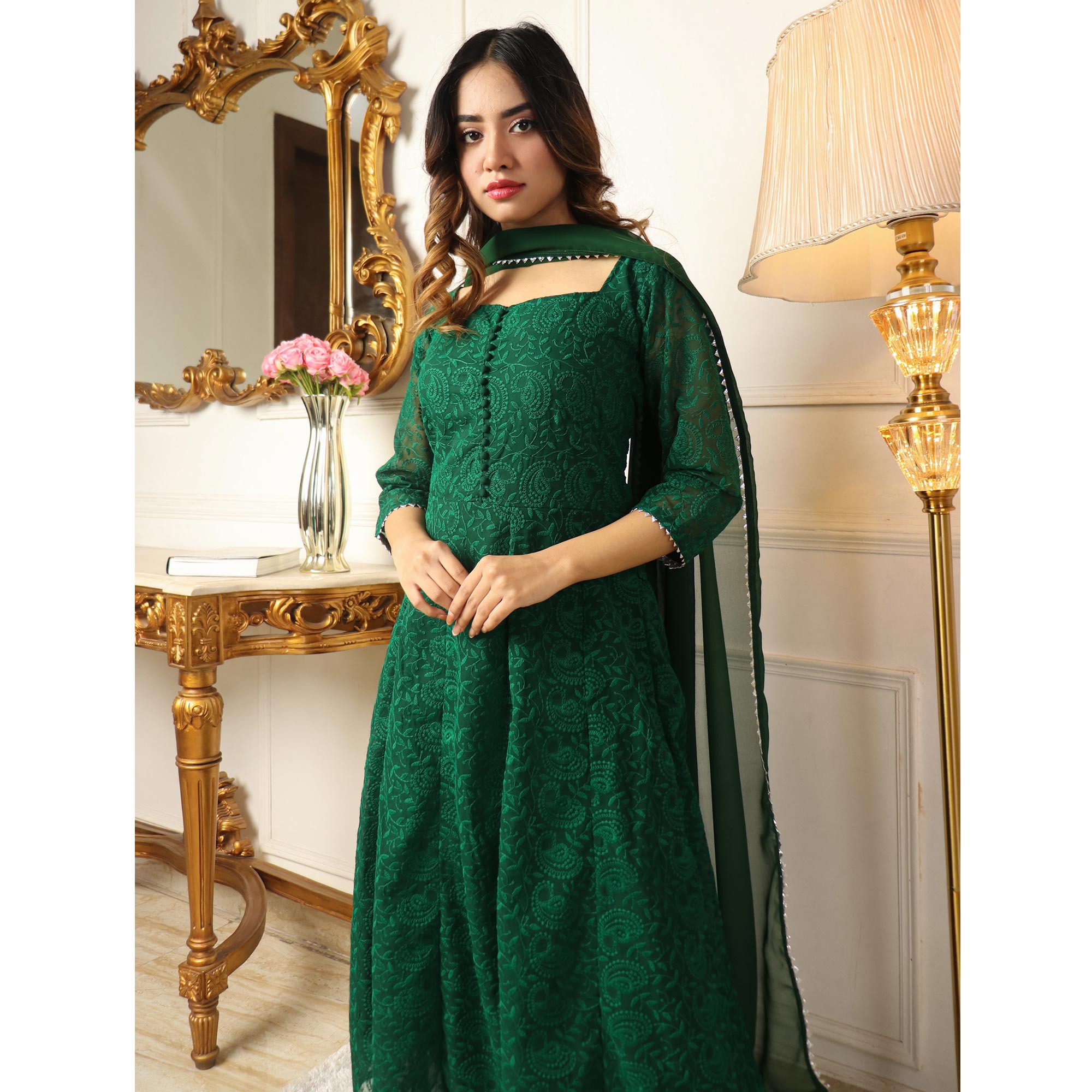 Green Chikankari Work Georgette Anarkali Suit