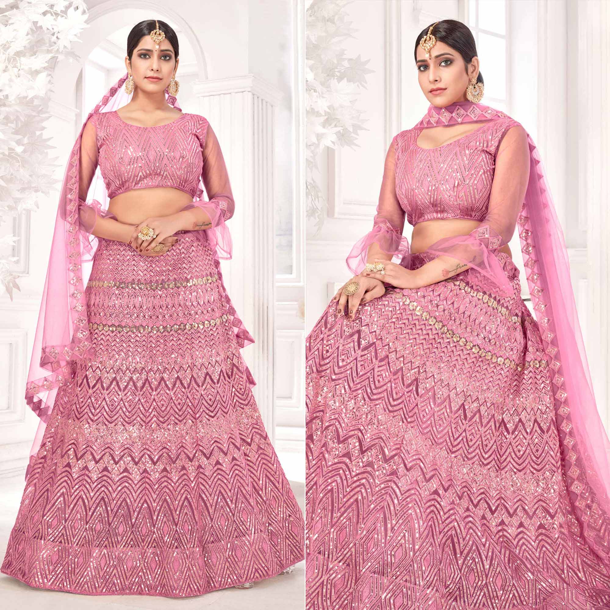 Pink Sequins Embroidered Netted Lehenga Choli