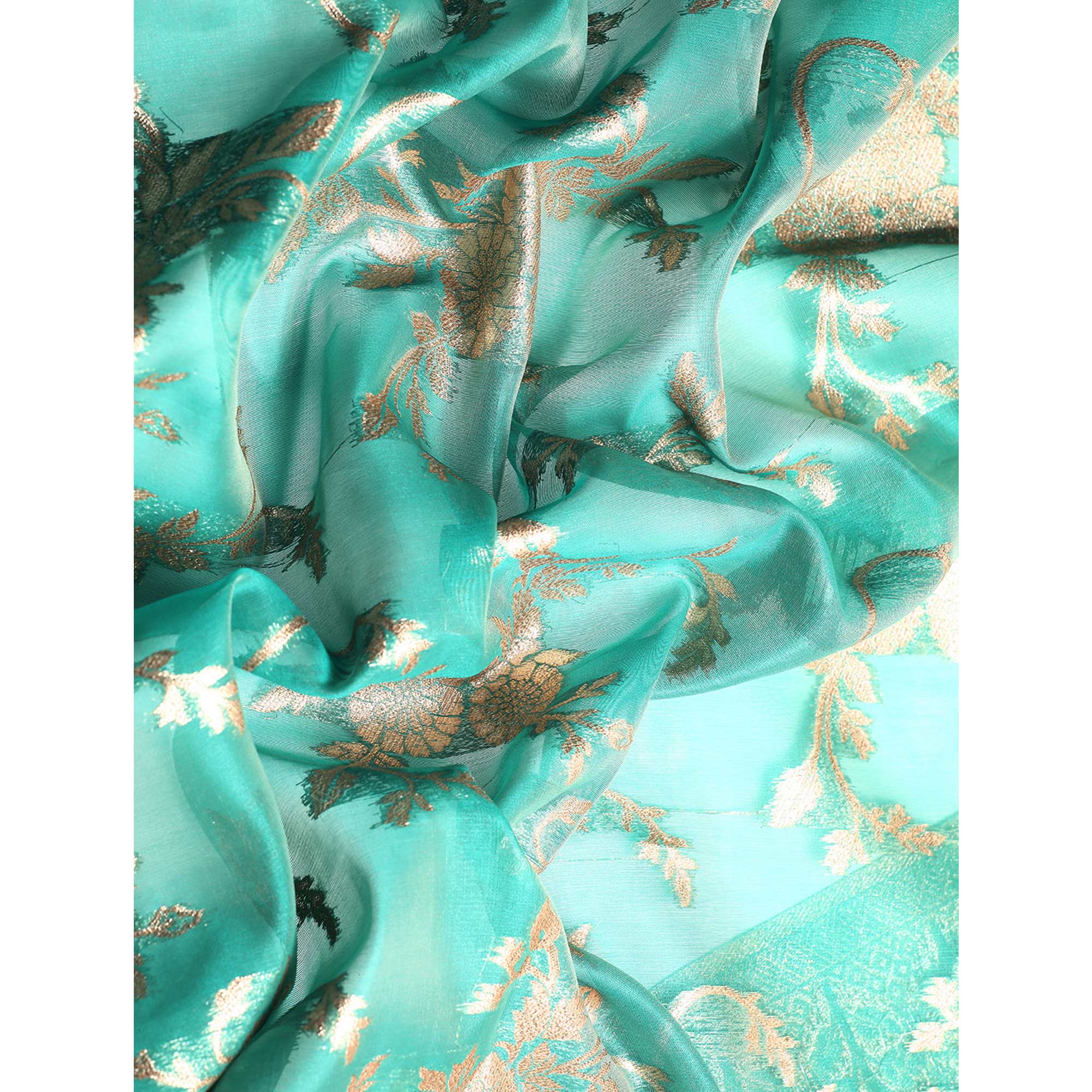 Turquoise Floral Woven Organza Silk Saree With Tassels