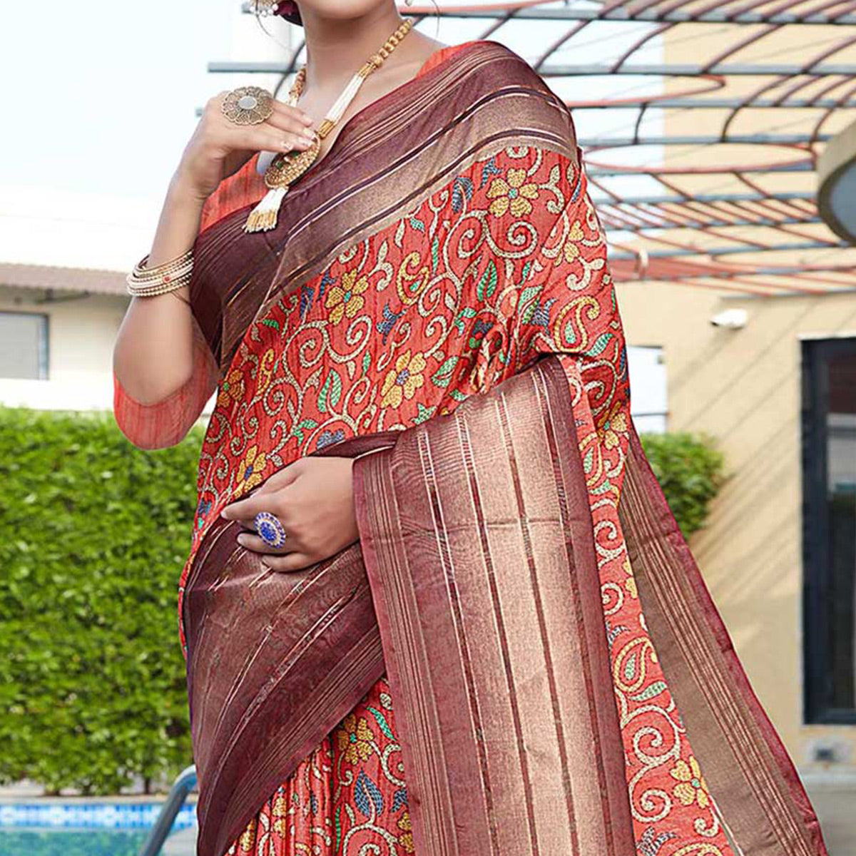 Red Floral Digital Printed Cotton Blend Saree