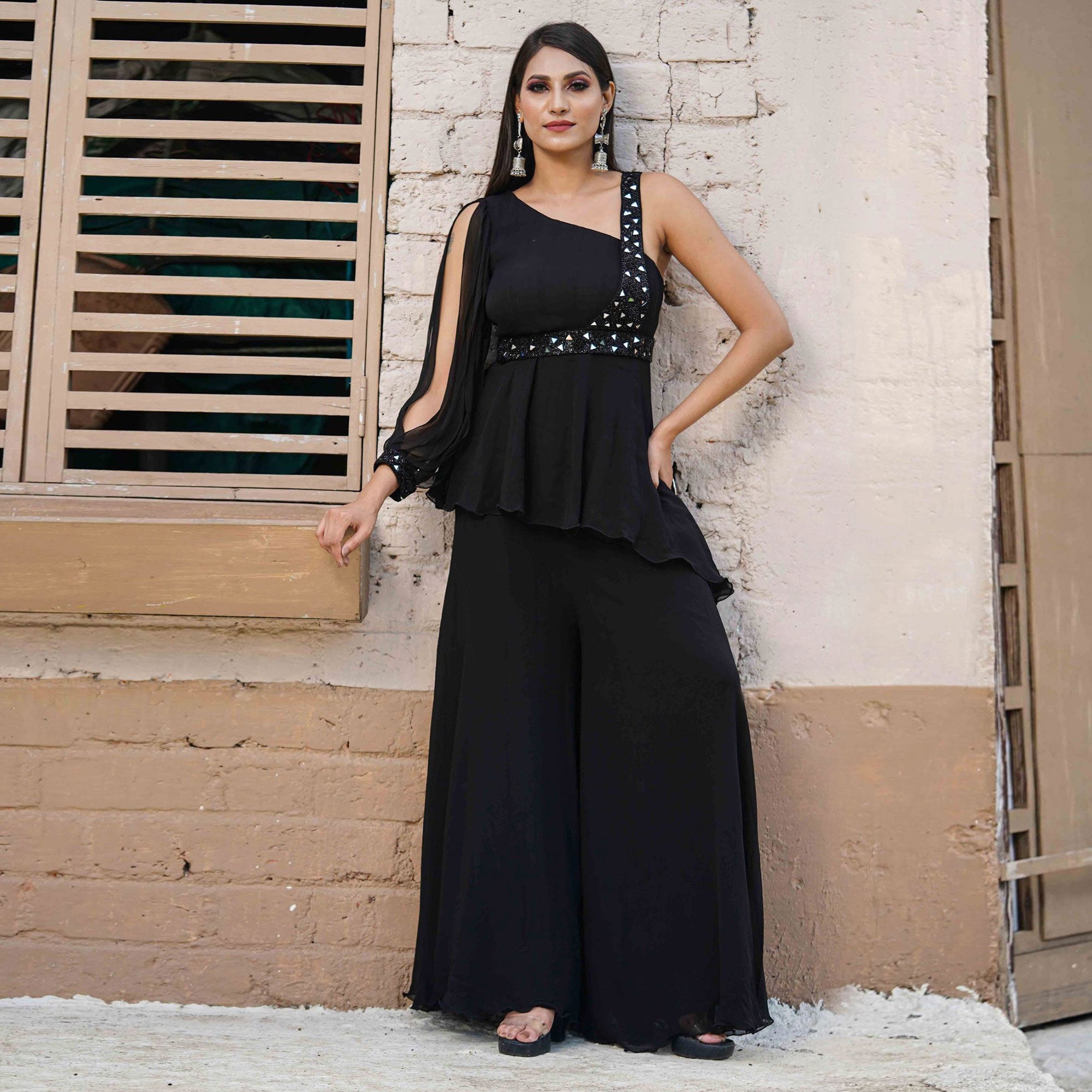 Black Embellished Handwork Georgette Palazzo Suit