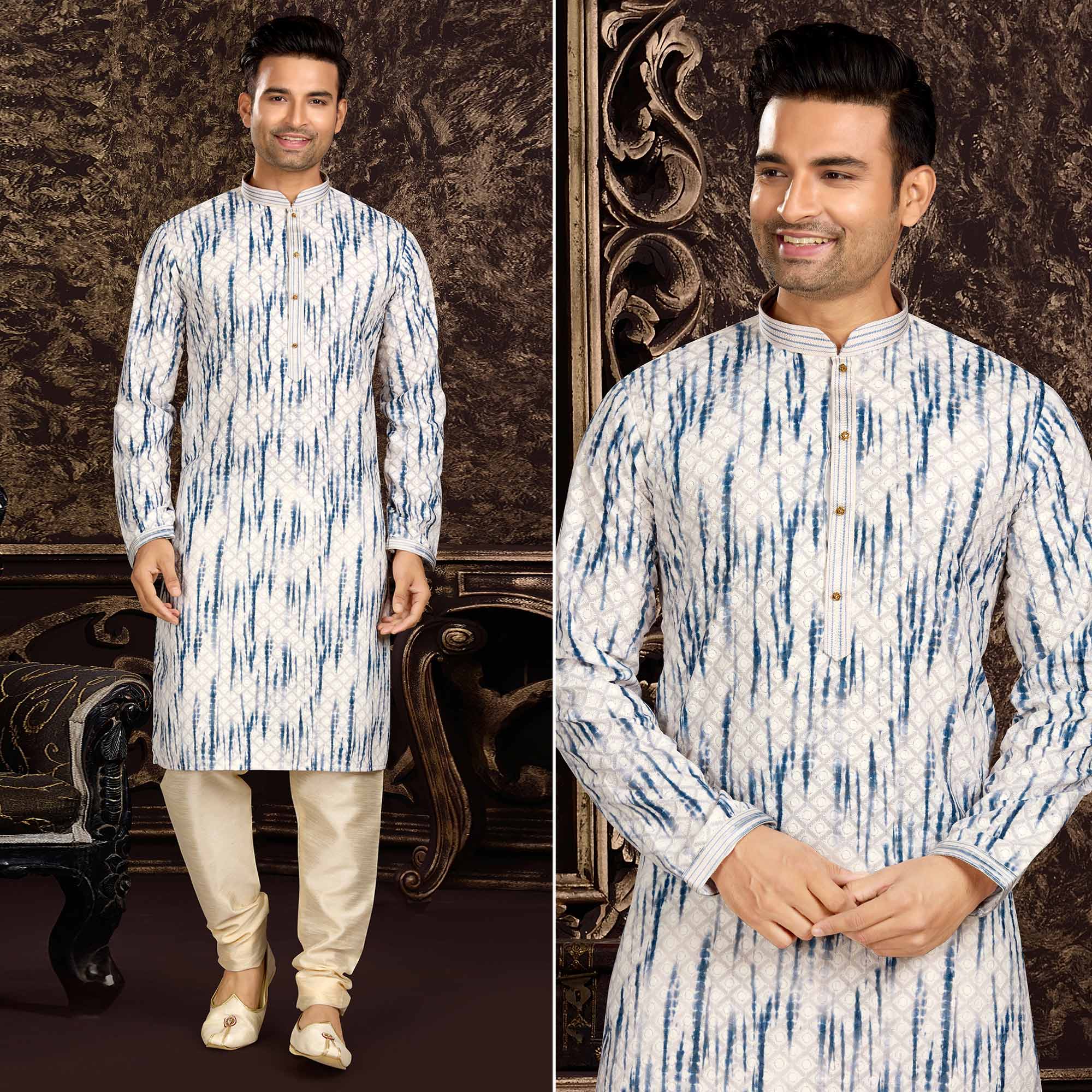 White Blue Lucknowi And Digital Printed Cotton Kurta Pyjama Set