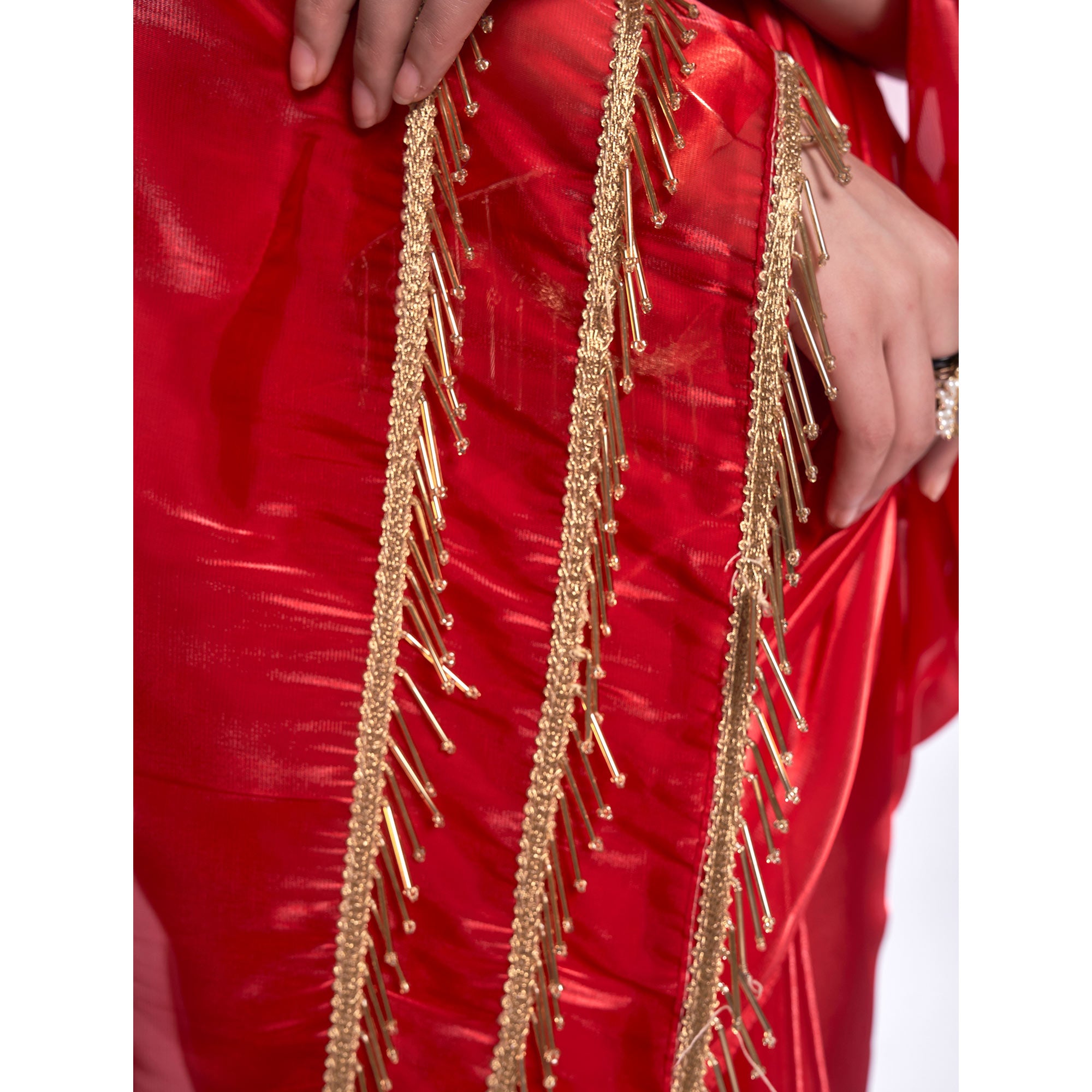 Red Solid Organza Saree With Tassels