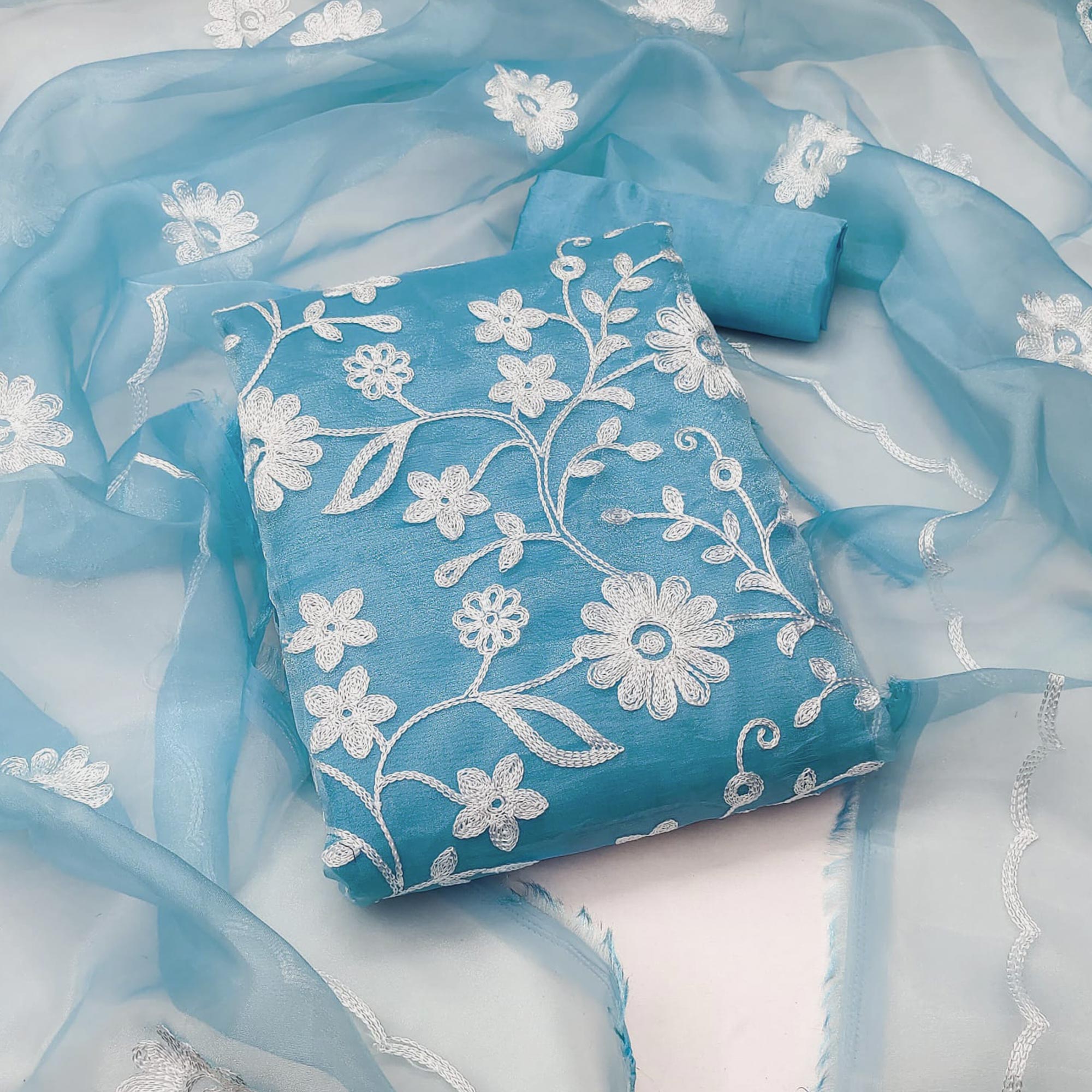 Sky Blue Floral Embroidered Organza Dress Material