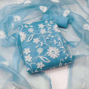 Sky Blue Floral Embroidered Organza Dress Material