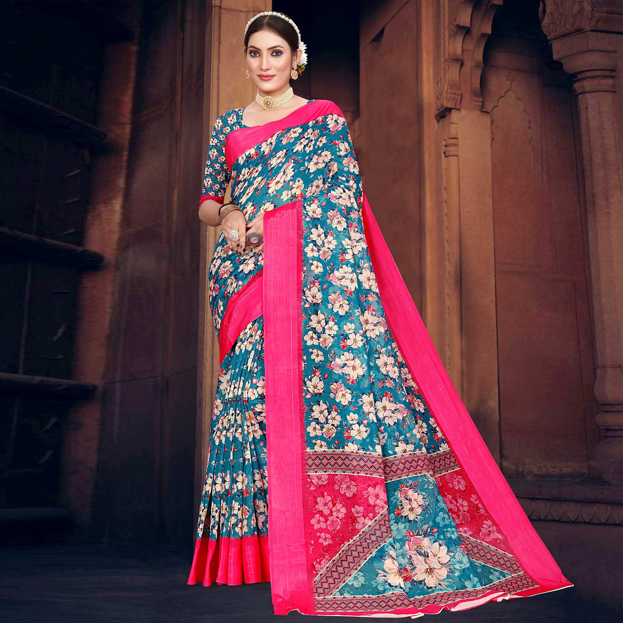 Blue Digital Printed Cotton Blend Saree