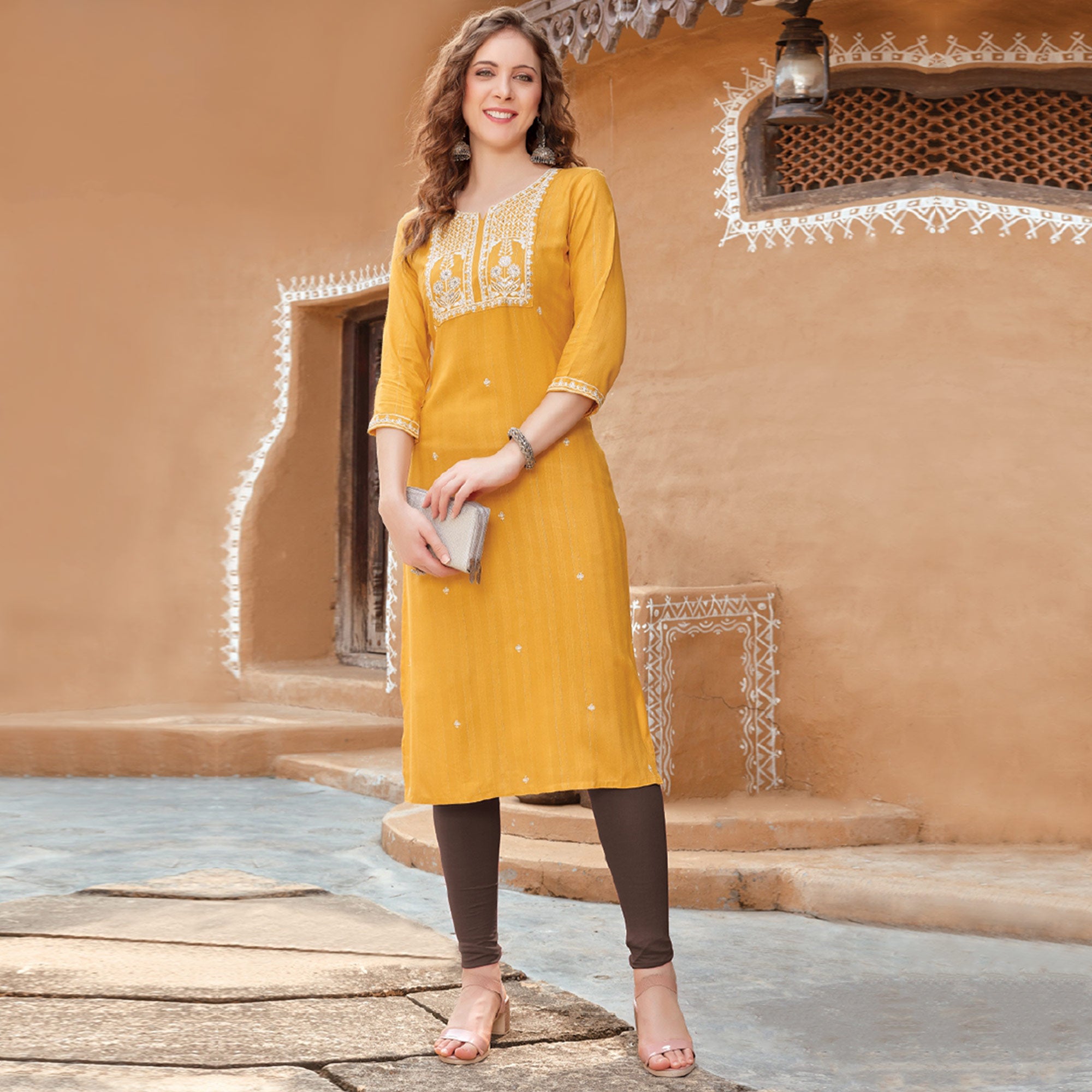 Yellow Floral Embroidered Rayon Kurti