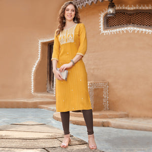 Yellow Floral Embroidered Rayon Kurti