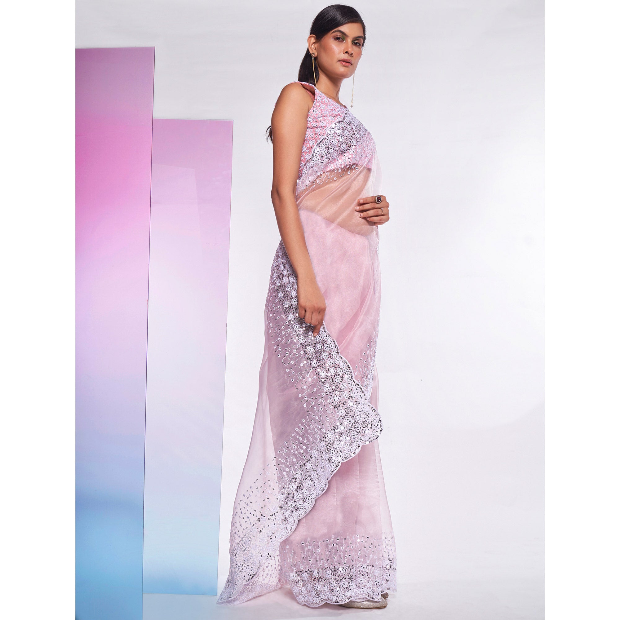 Pink Sequins Embroidered Organza Saree