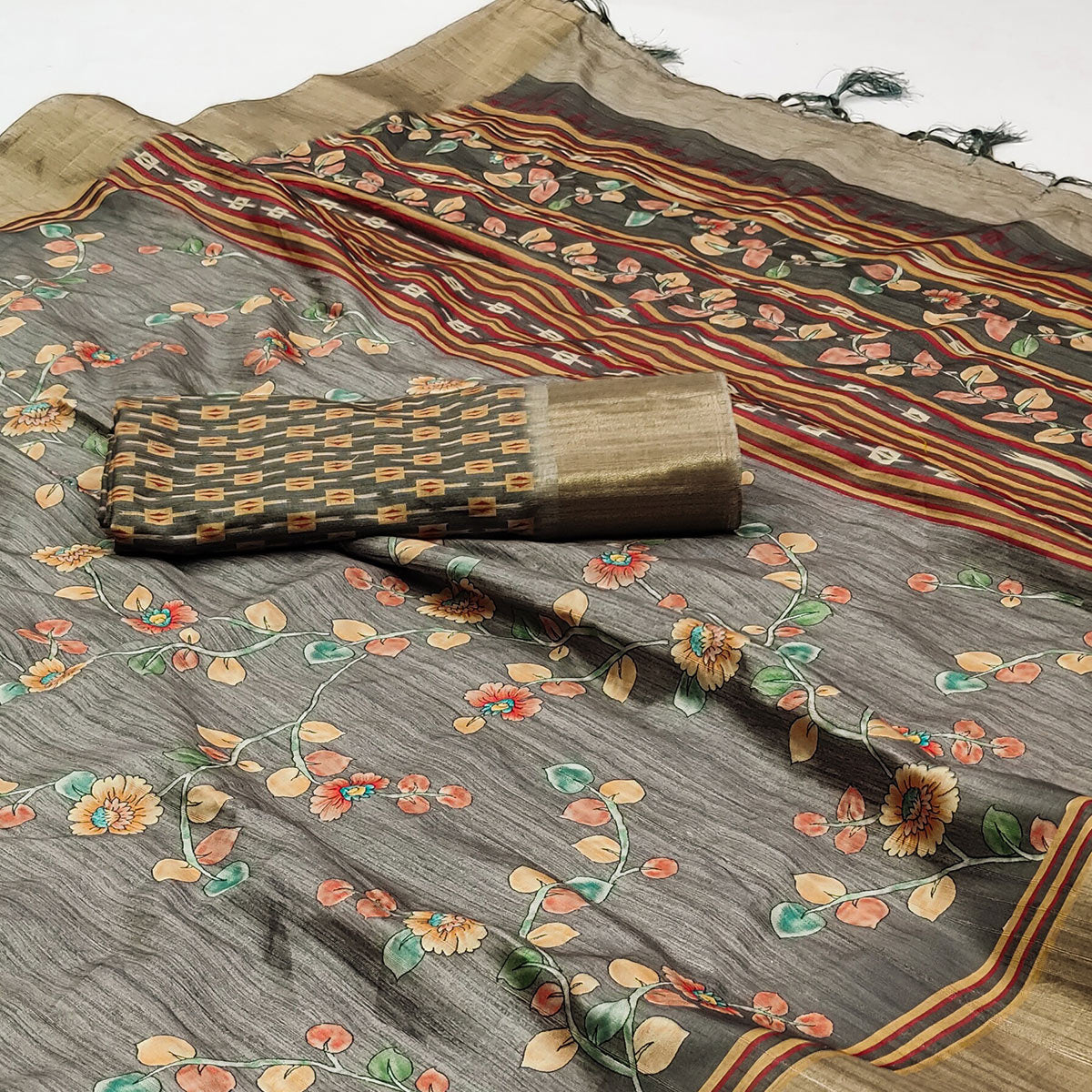 Grey Floral Printed Matka Tussar Saree With Tassels