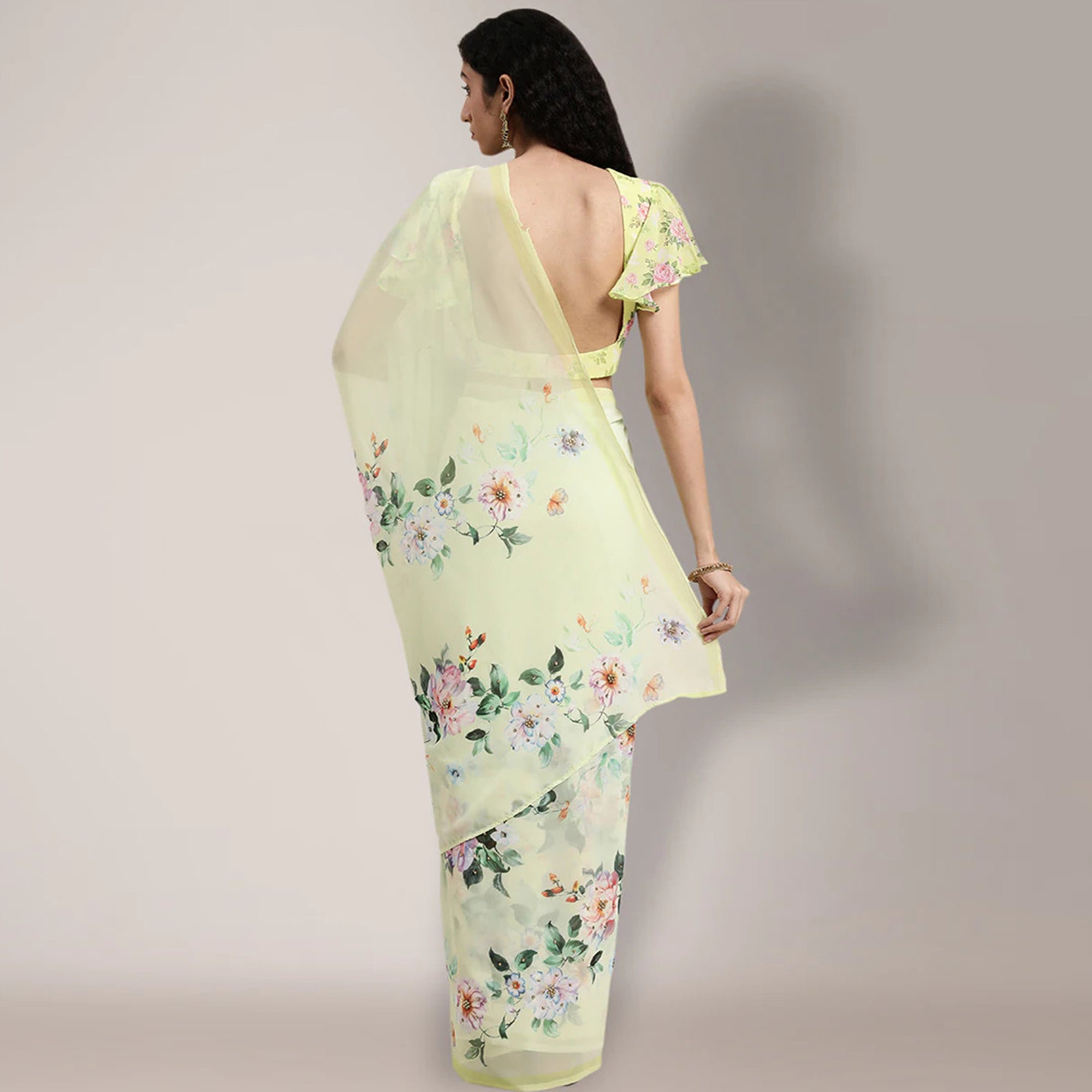 Lemon Yellow Floral Digital Printed Georgette Saree