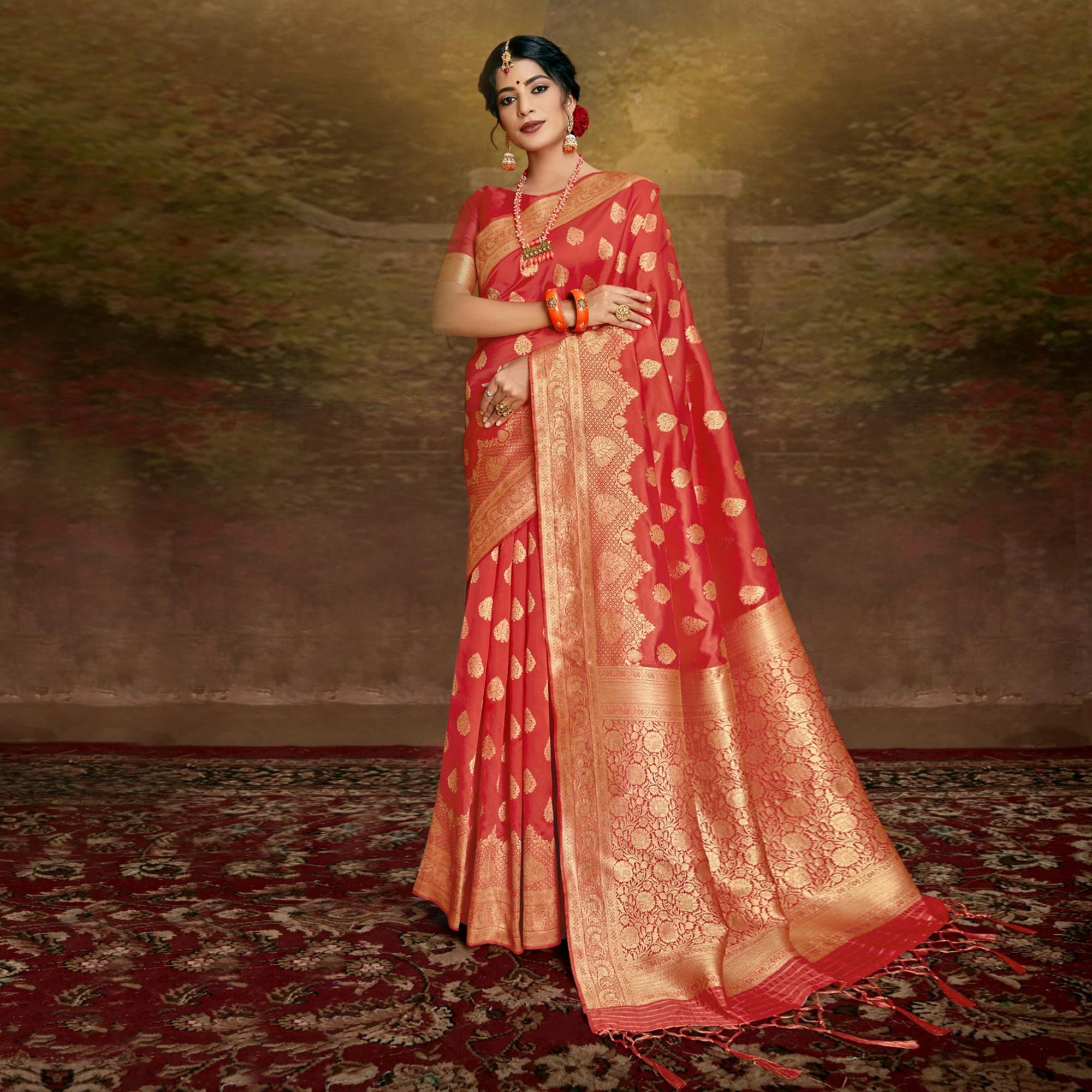 Pink Woven Banarasi Silk Saree With Tassels