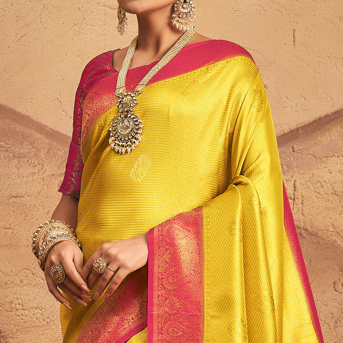 Lemon Yellow Woven Art Silk Saree With Tassels