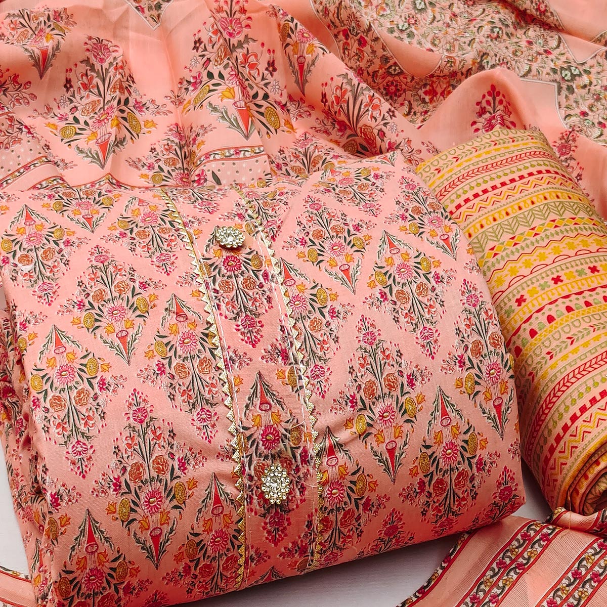 Peach Floral Printed Cotton Blend Dress Material