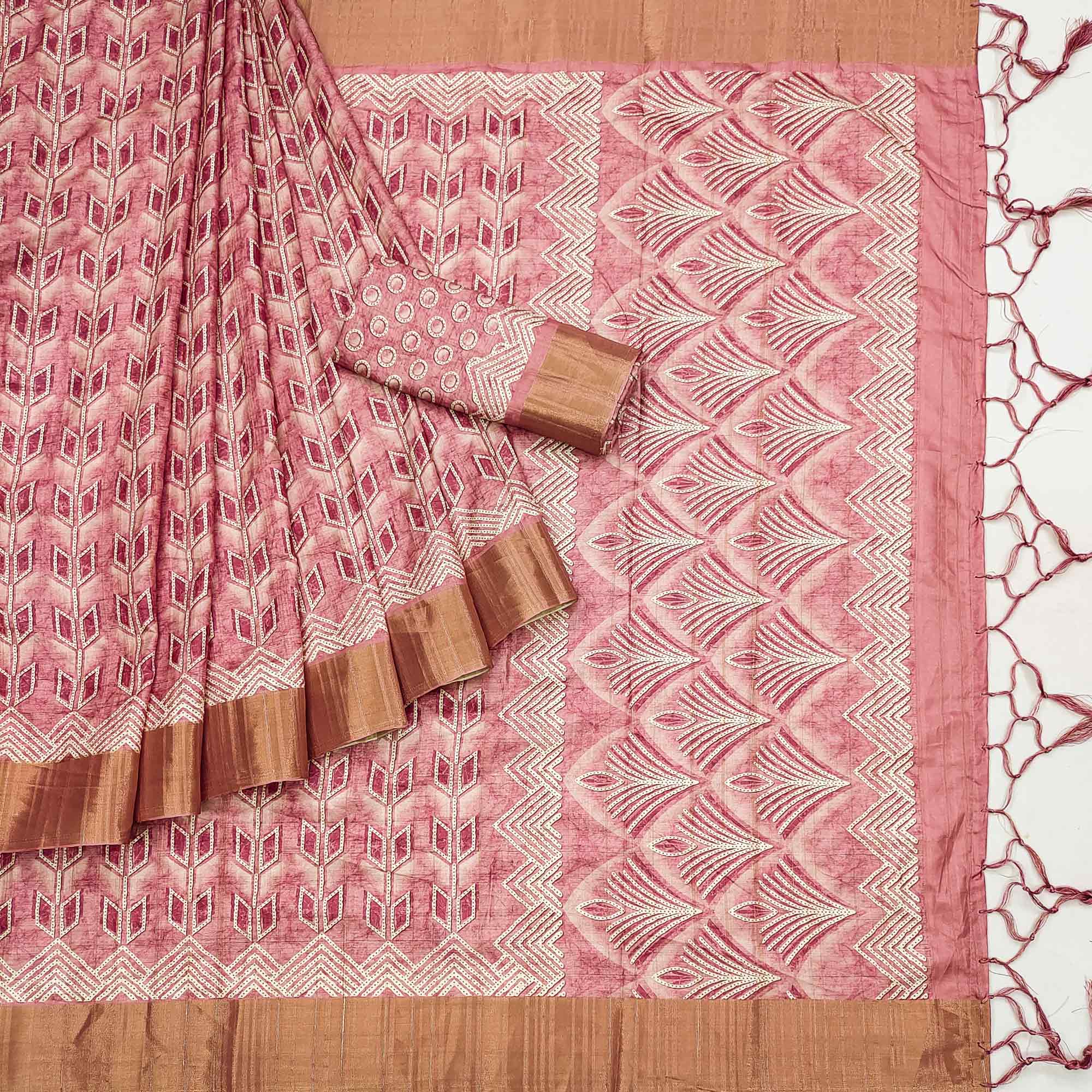 Pink Printed Matka Tussar Saree With Tassels