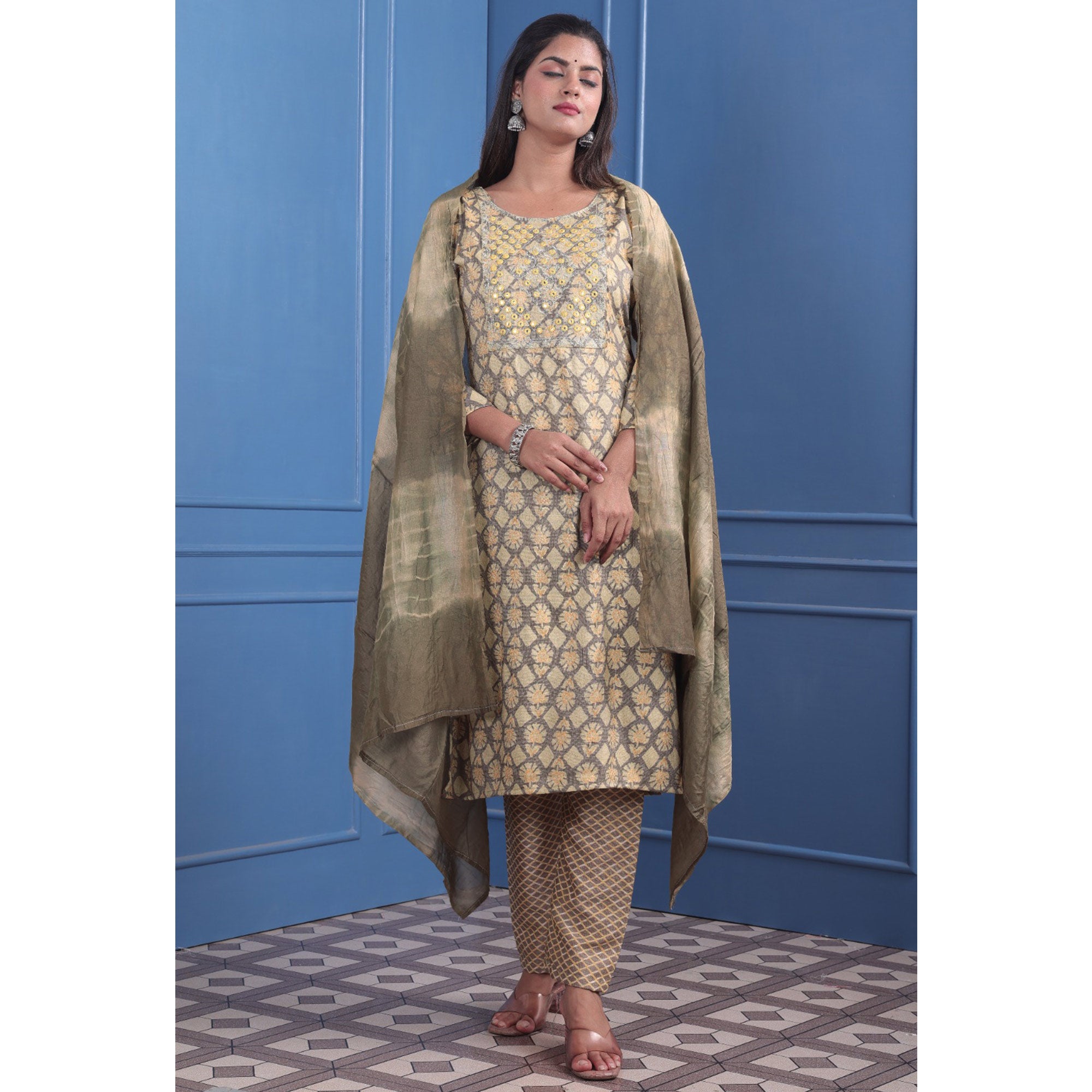 Cream Floral Printed With Embroidered Rayon Suit