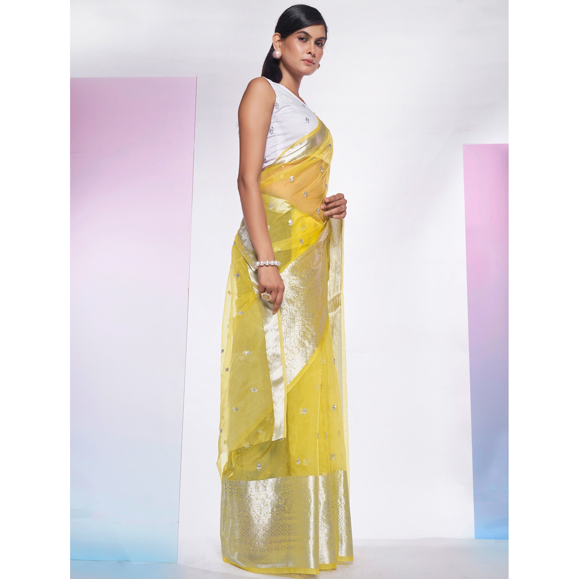 Lemon Yellow Sequins Floral Embroidered Organza Saree