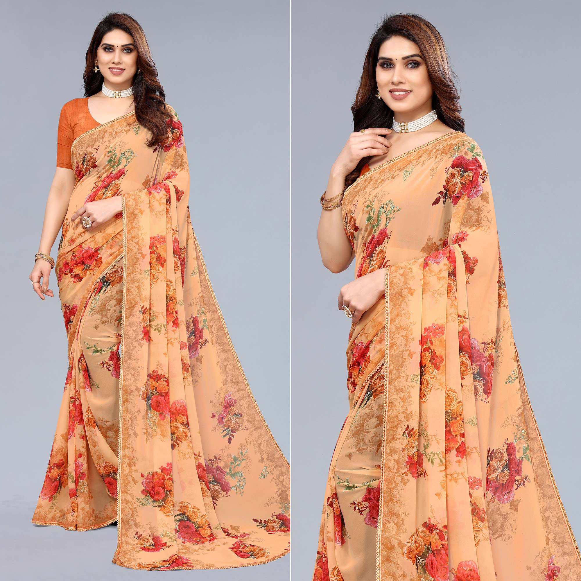 Orange Floral Printed Georgette Saree