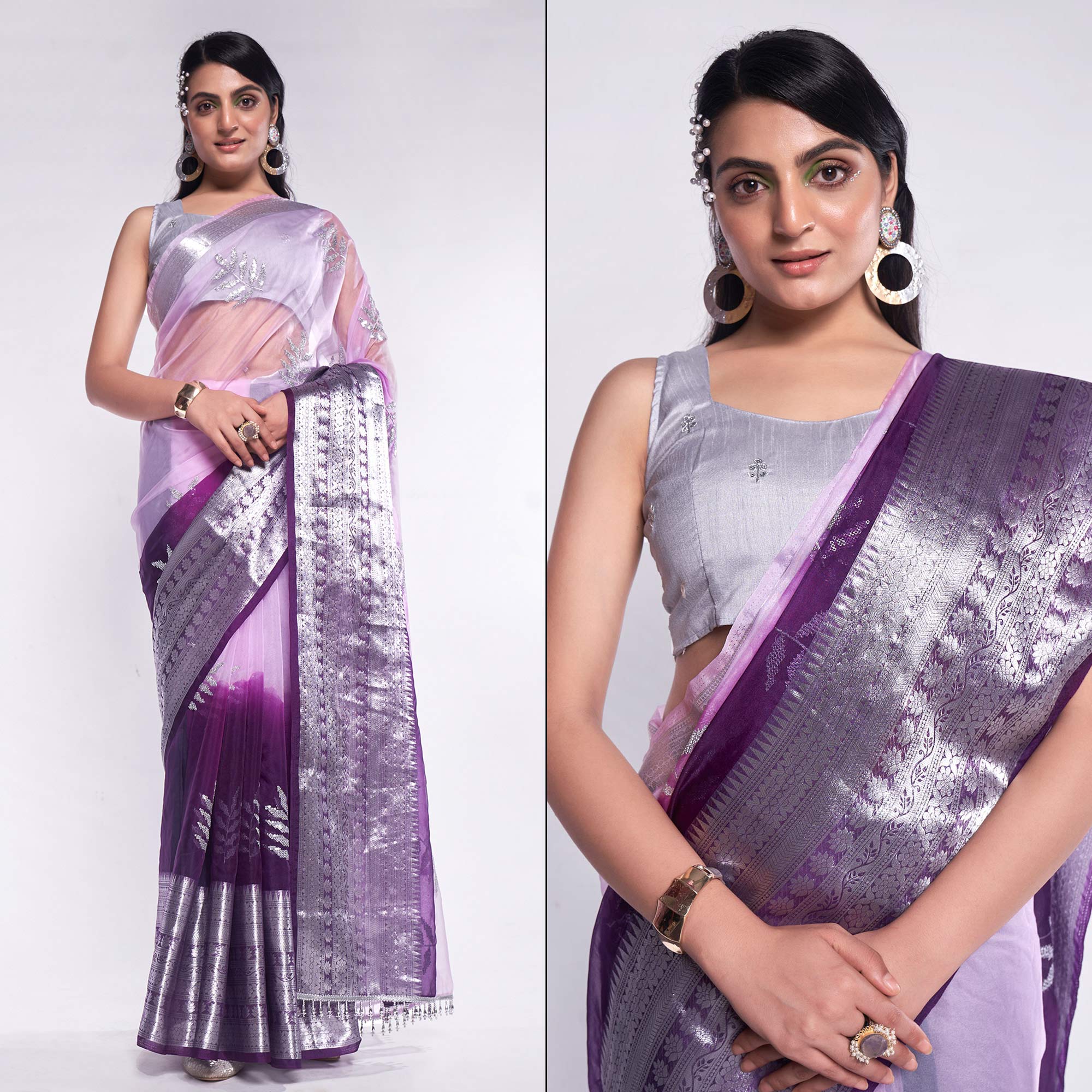 Purple & Light Pink Sequins Embroidered Organza Saree