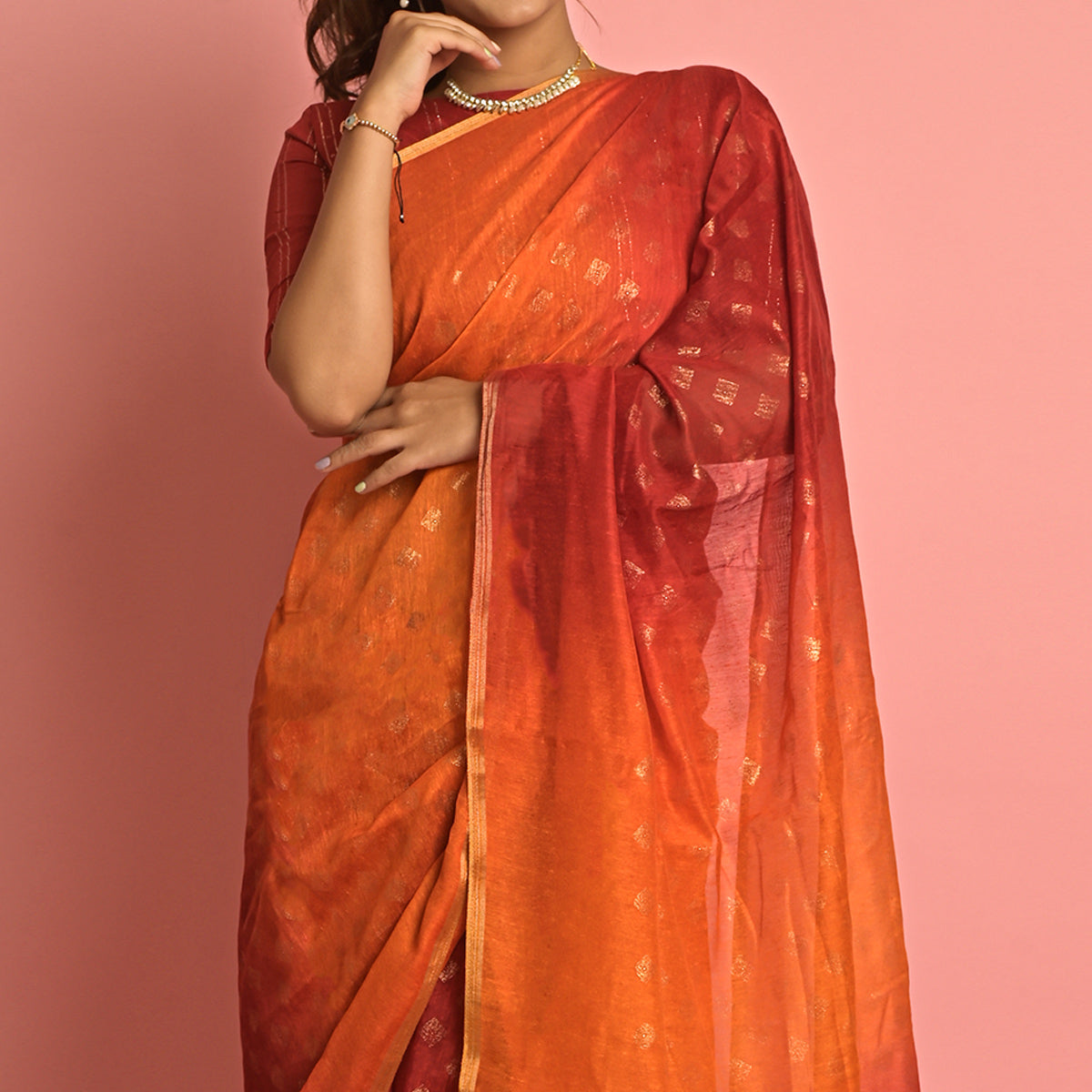 Orange & Red Foil Printed Cotton Blend Saree