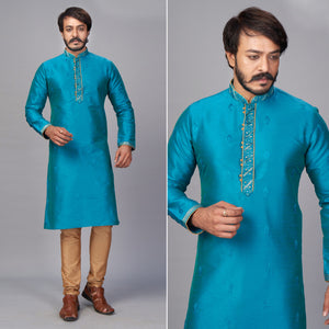 Blue Embroidered Jacquard Kurta Pyjama Set