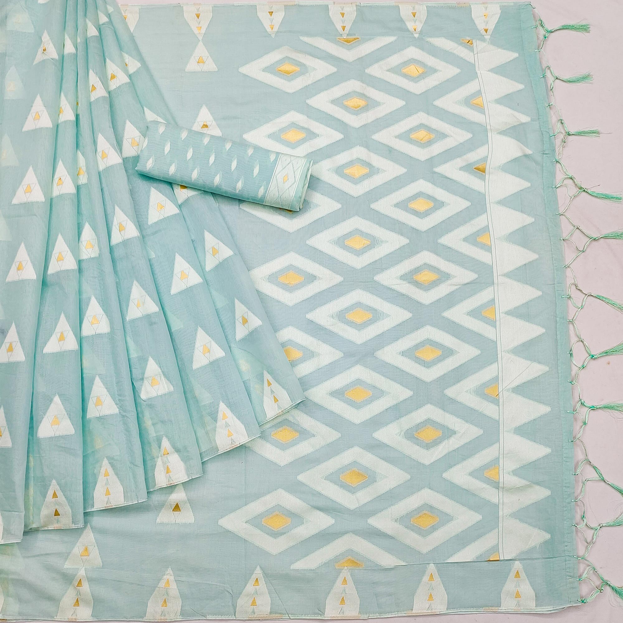 Light Blue Woven Cotton Saree With Tassels