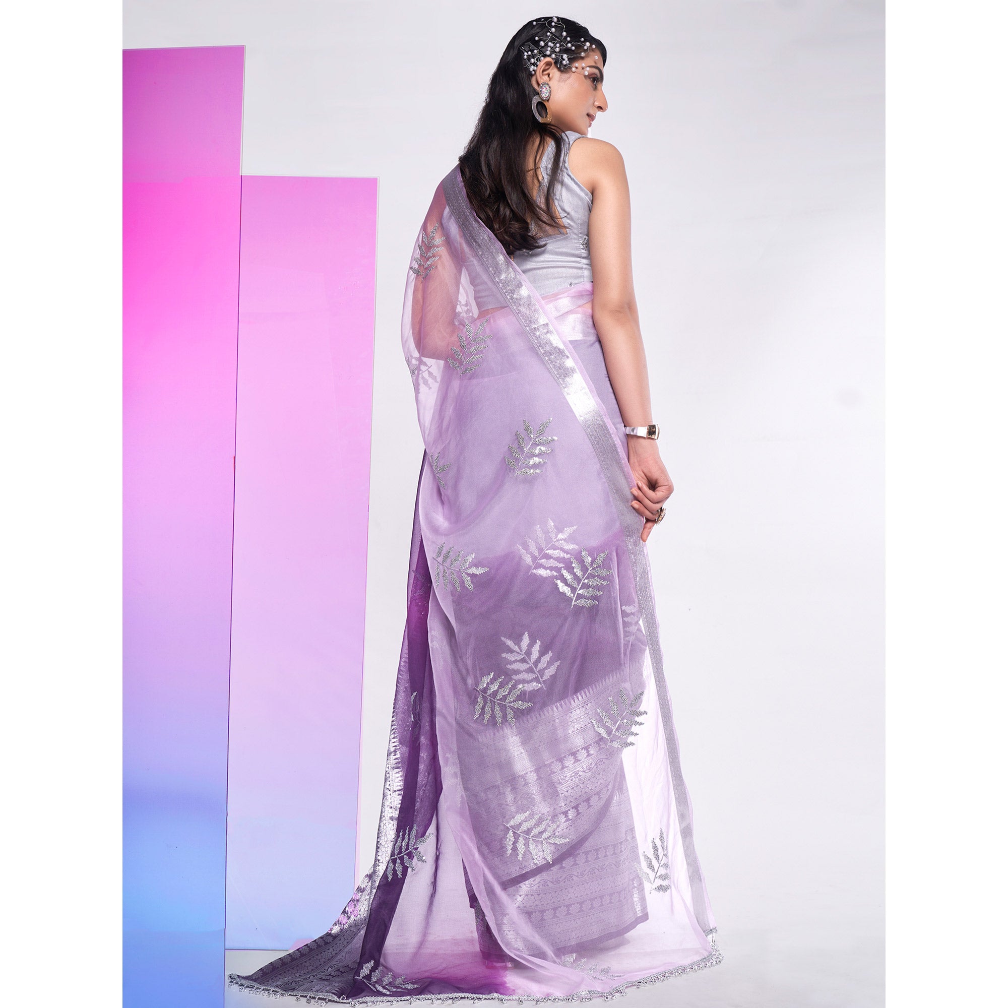 Purple & Light Pink Sequins Embroidered Organza Saree