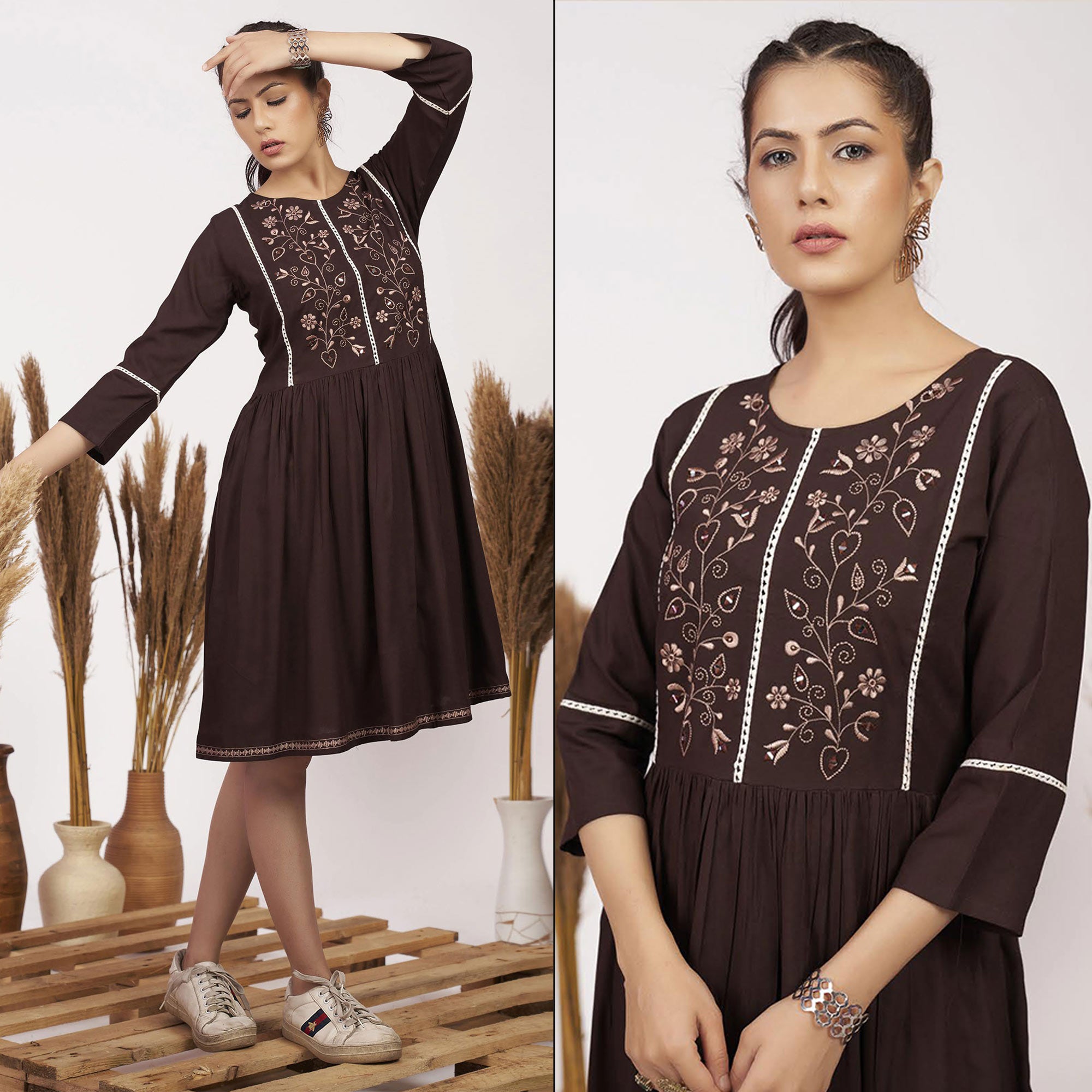 Brown Floral Embroidered Rayon Short Dress