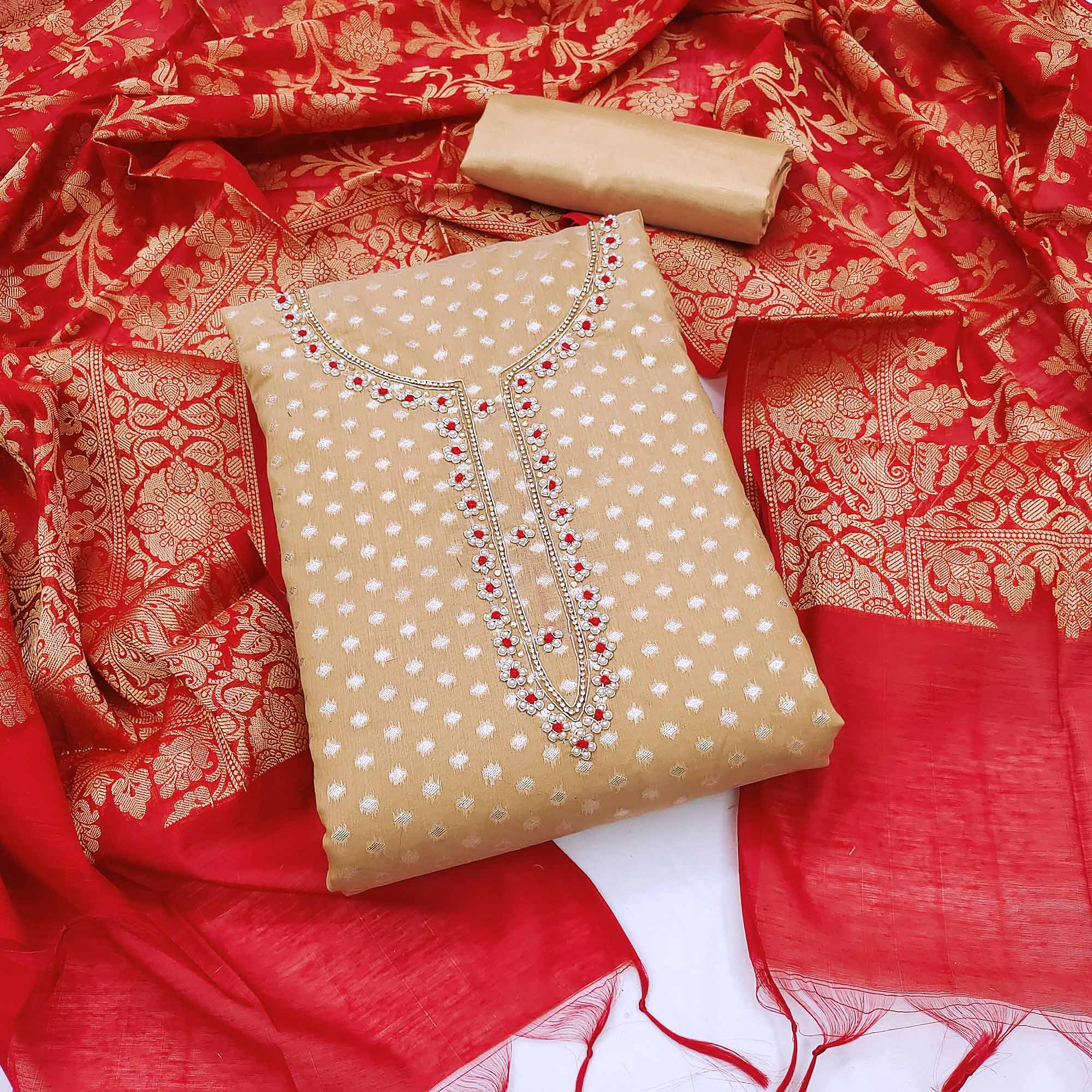 Light Brown Woven Banarasi Silk Dress Material