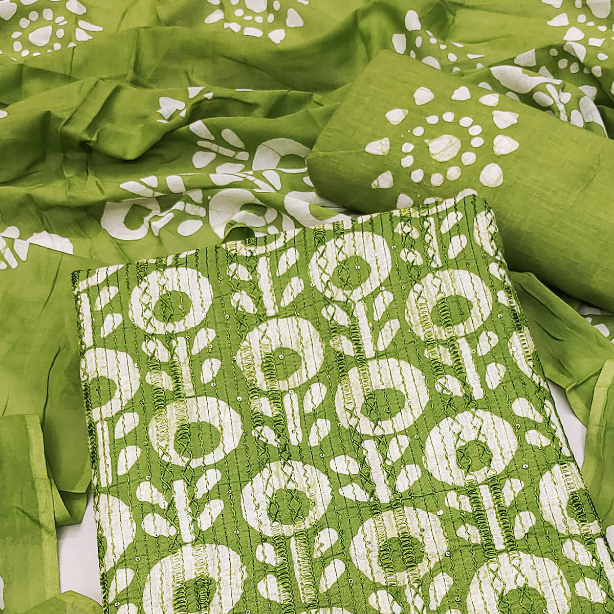 Green Printed & Embroidered Pure Cotton Dress Material