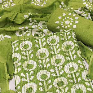 Green Printed & Embroidered Pure Cotton Dress Material