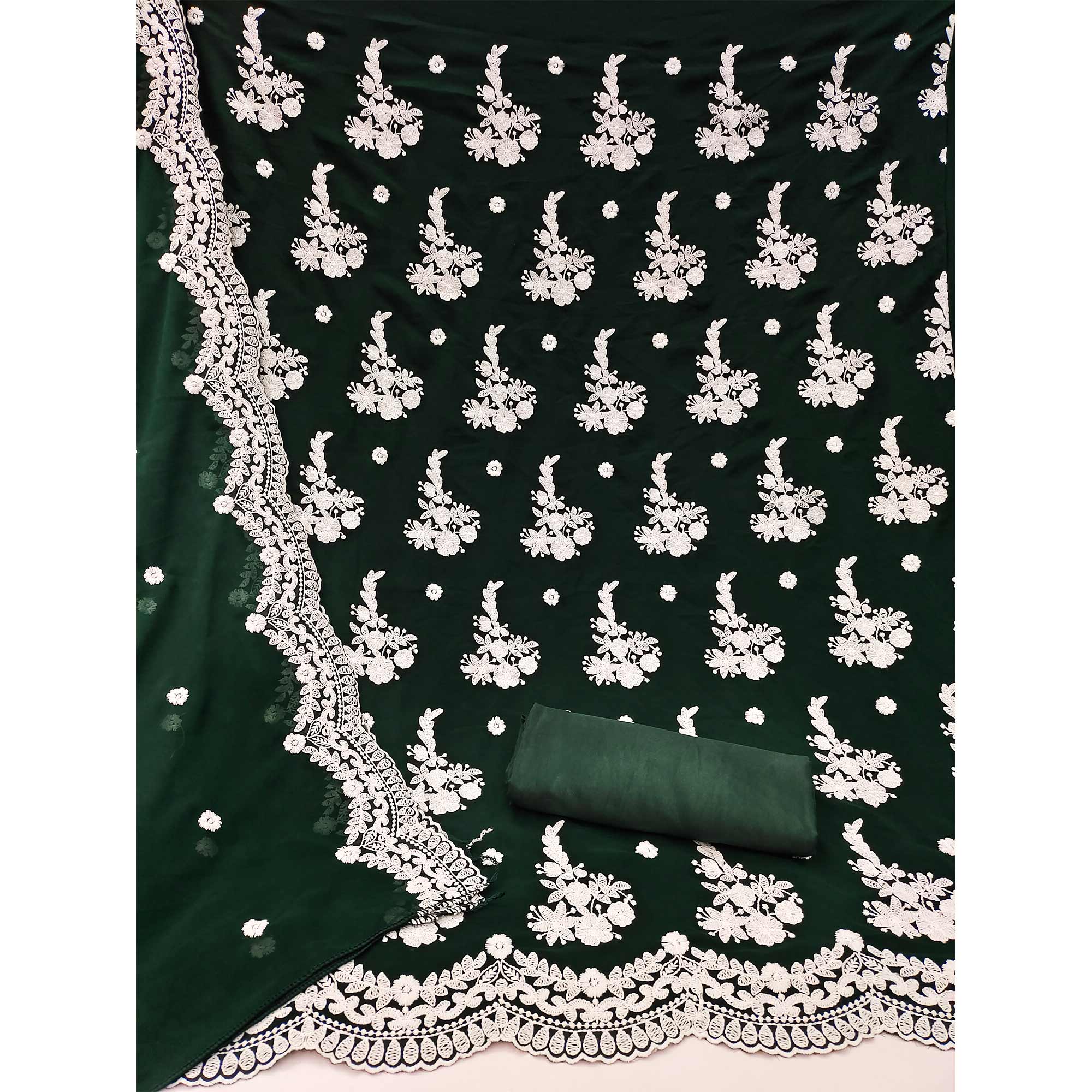 Bottle Green Floral Embroidered Georgette Dress Material