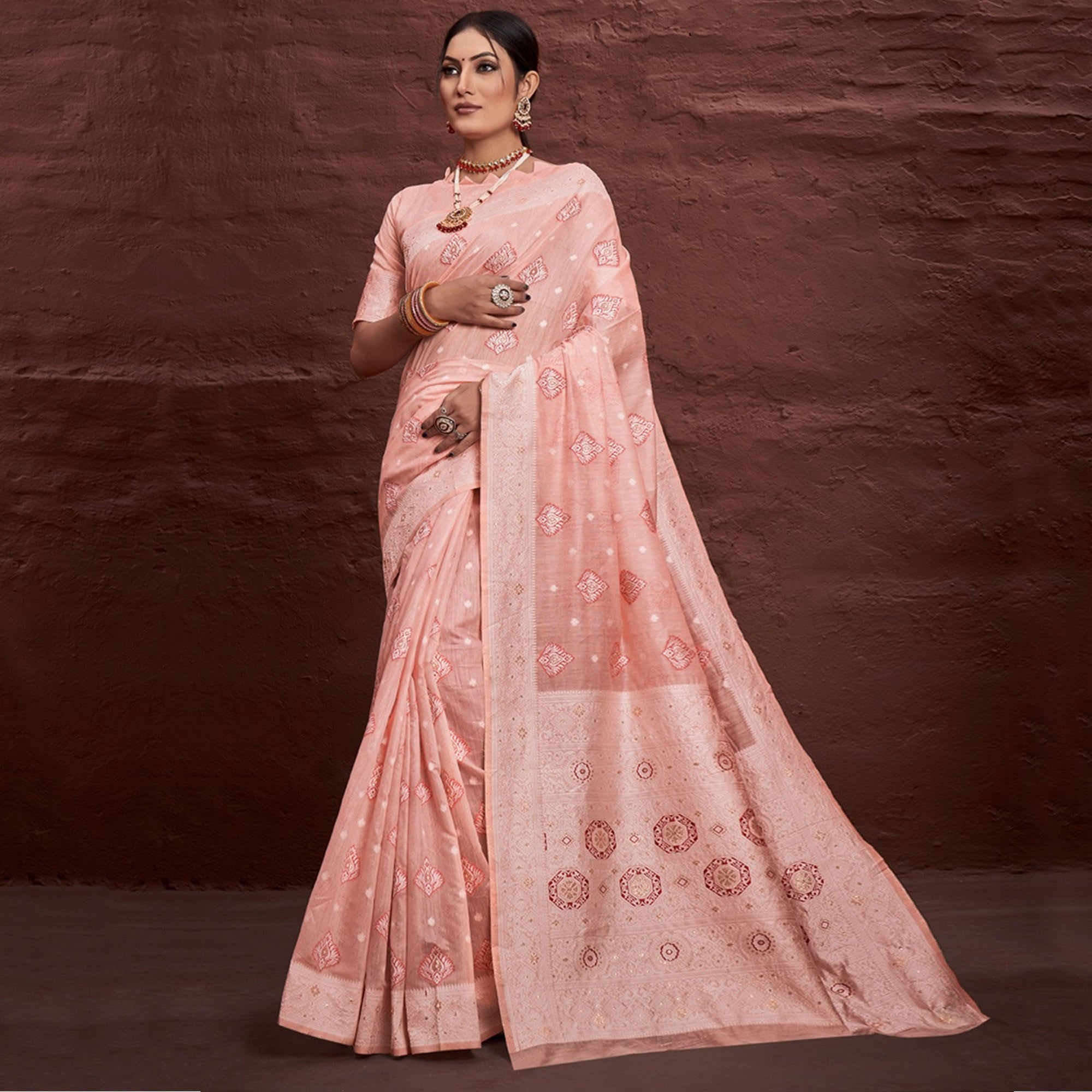 Salmon Pink Woven Cotton Blend Saree