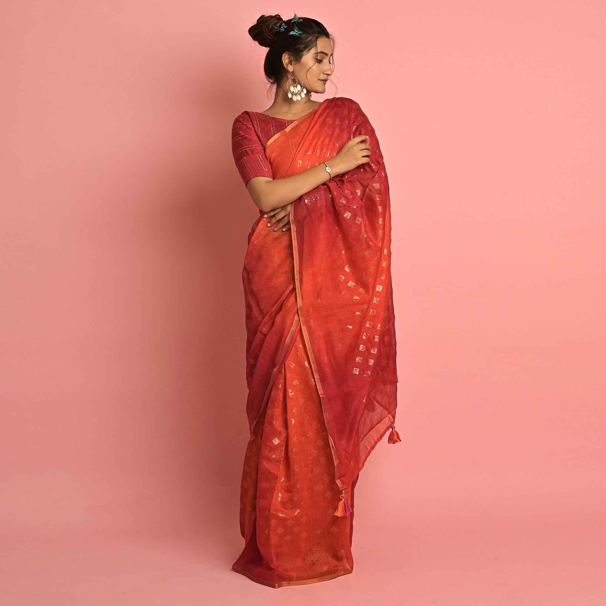 Orange & Red Foil Printed Cotton Blend Saree